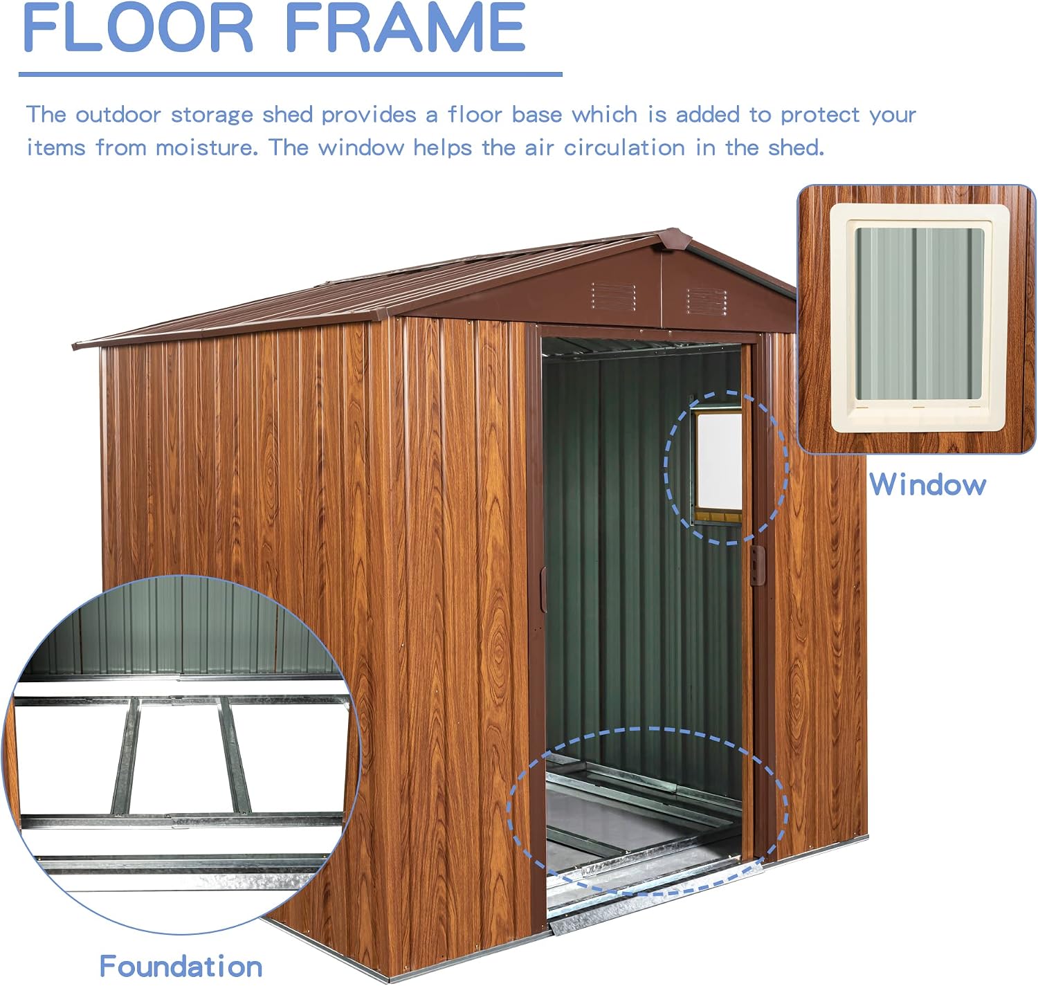 6 x 6 FT Outdoor Storage Shed with Floor Base and Window,Heavy Duty Metal Shed w/Sliding Doors & Padlock,Punched Vents,Large Waterproof Tool Sheds,Easy to Assemble,Coffee