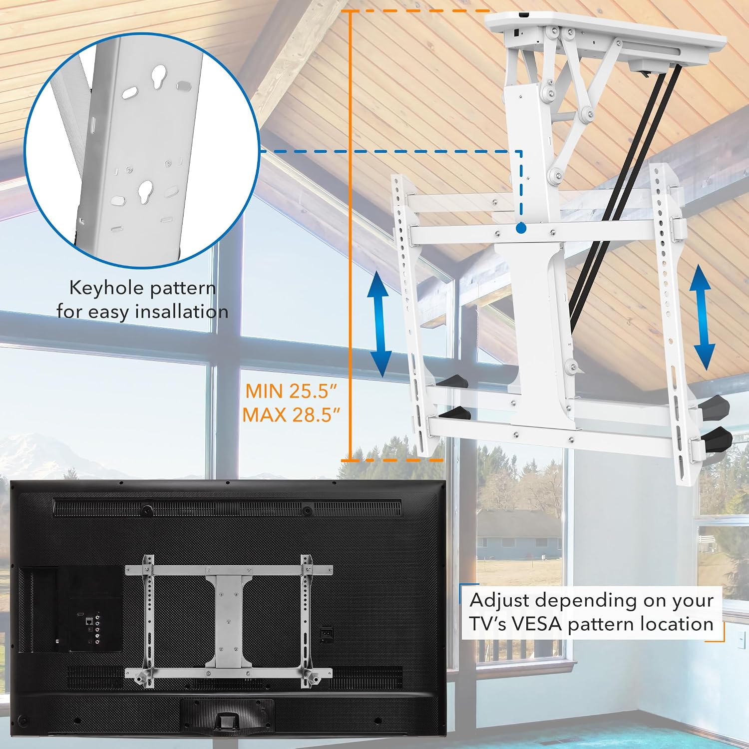 Mount-It! Electric Ceiling TV Mount with Remote and App Controller, Motorized Flip Down Fold Up Pitched Roof Mount Fits 32 to 70 Inch Flat Screen TVs, White
