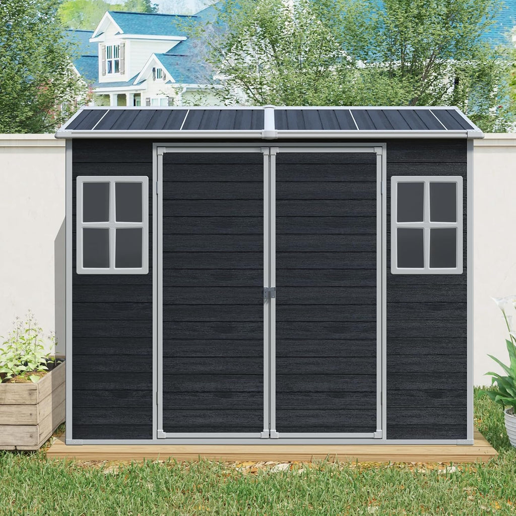JT 8 x 4 FT Resin Storage Shed, Waterproof Garden Shed with Floor, 2 Windows, Lockable Door and Vent, Outdoor Sheds for Backyard,Tools and Lawn Mower (Black)