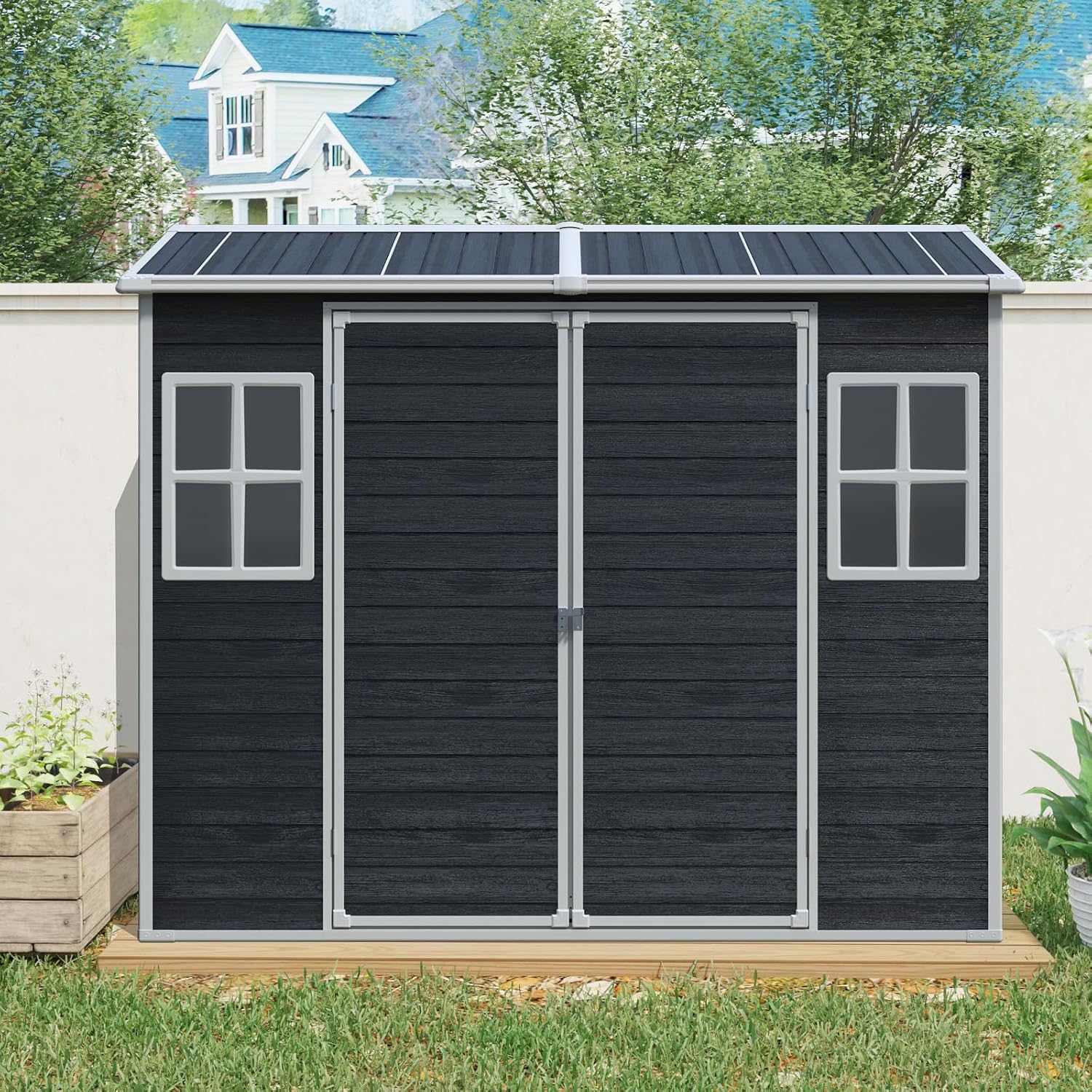 JT 8 x 4 FT Resin Storage Shed, Waterproof Garden Shed with Floor, 2 Windows, Lockable Door and Vent, Outdoor Sheds for Backyard,Tools and Lawn Mower (Black)