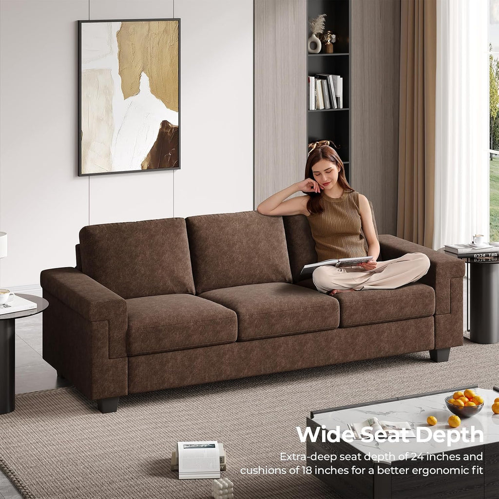 COPIAE 3 Seater Sofa Couch with Deep Seat, 90' Modern Upholstered Sofa with Armrests, Easy Installation, Comfy Couches for Living Room, Apartment,Dark Brown