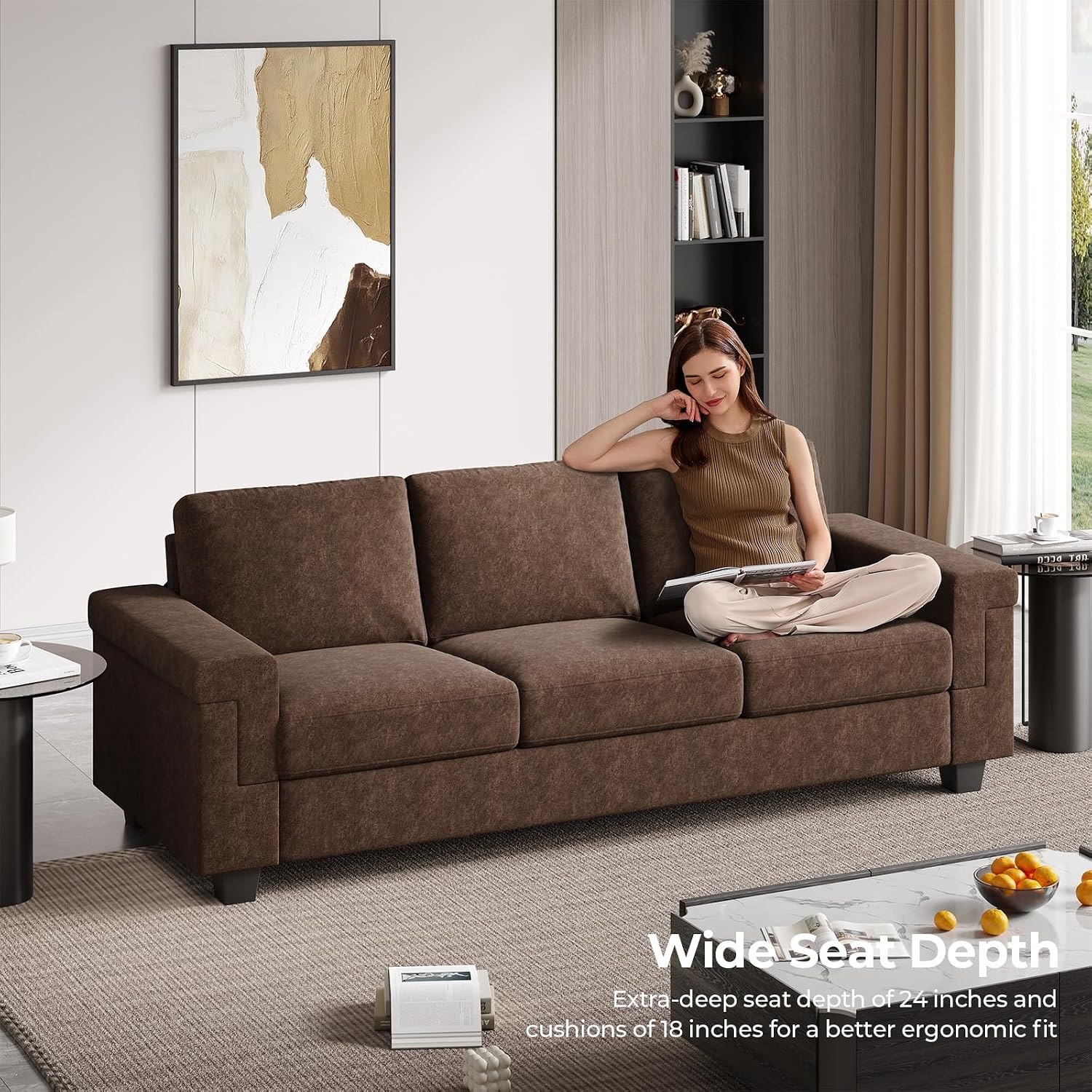 COPIAE 3 Seater Sofa Couch with Deep Seat, 90' Modern Upholstered Sofa with Armrests, Easy Installation, Comfy Couches for Living Room, Apartment,Dark Brown