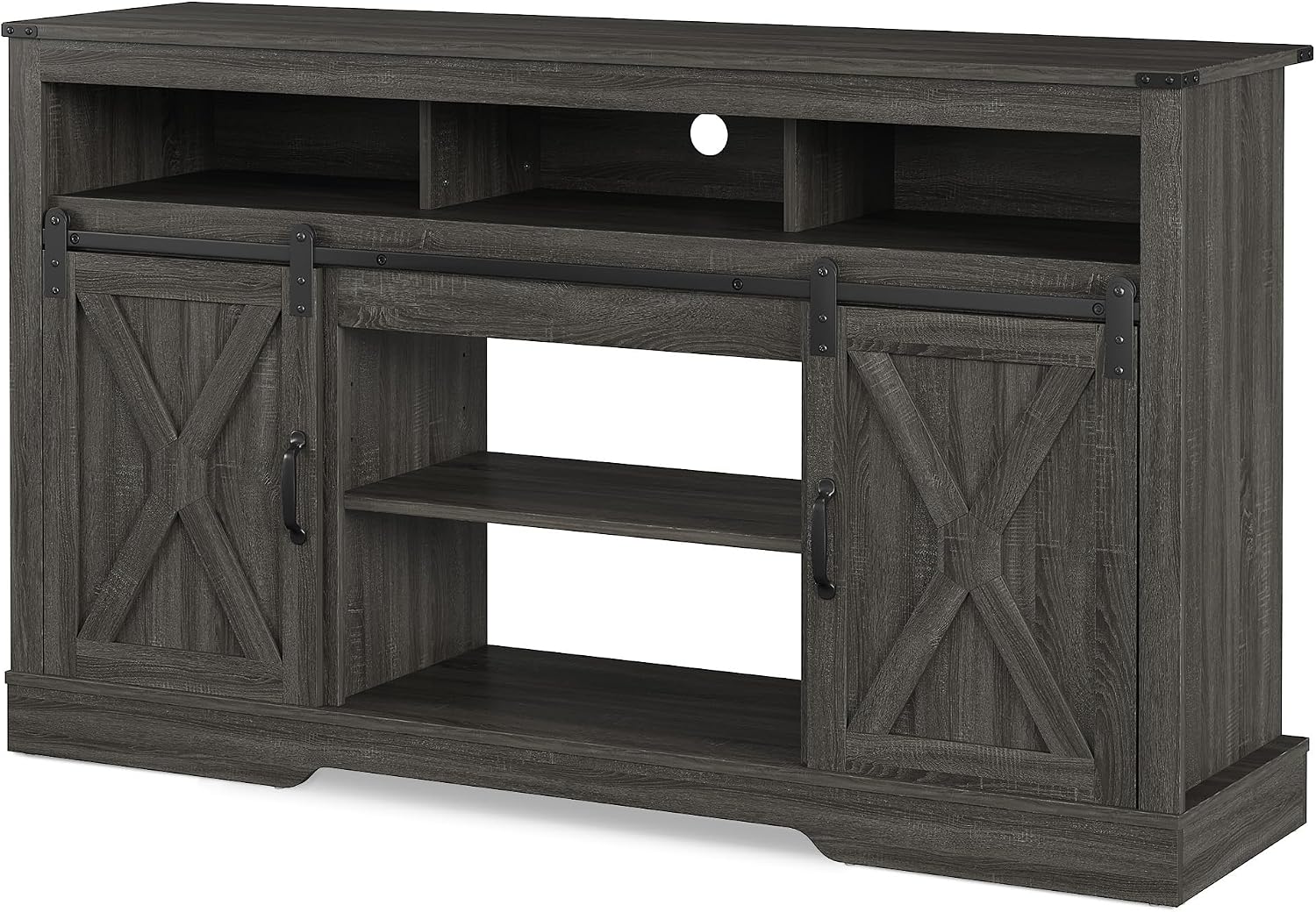 RoyalCraft Fireplace TV Stand for 65+ Inch TV, 34' Tall Farmhouse Entertainment Center with 23' Electric Fireplace,Rustic Media Console with Sliding Bar Door for Living Room, Grey