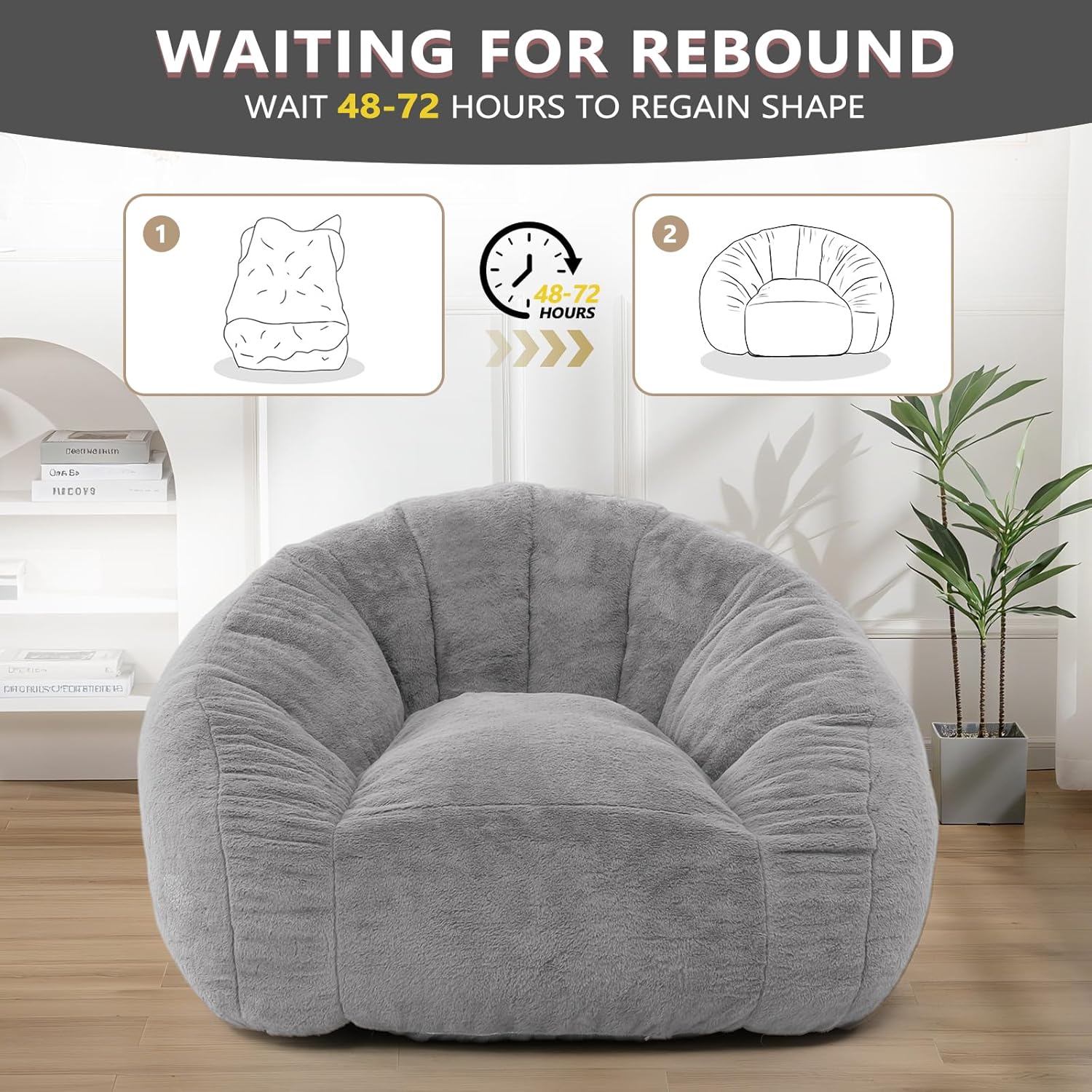 Bean Bag Chair for Adults, Soft Faux Fur Giant Beanbag Chairs, Oversized Cozy Bean Bag Couch Large Reading Chair, Comfy Bean Bag Sofa for Living Room, Bedroom & Dorm, Gray