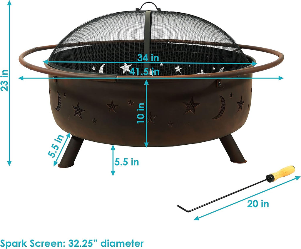 Sunnydaze Large Cosmic Outdoor Fire Pit - Wood-Burning Fire Pit with Round Spark Screen, Poker, and Built-in Grate - 42' - Bronze