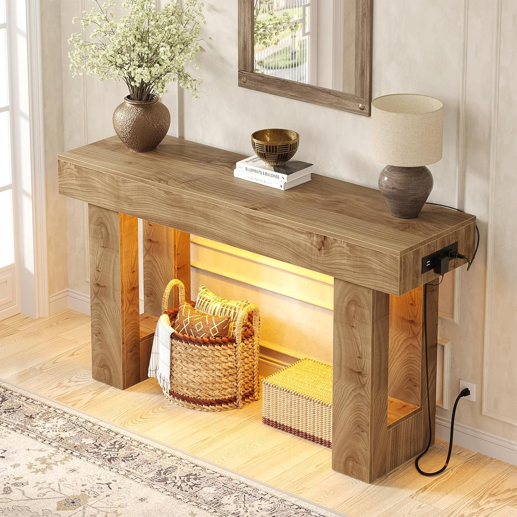 Unikito 47' Entryway Table with Socket and Sensor Light, Narrow Console Table with Storage Behind Couch, Farmhouse Entry Way Tables with Open Storage for Entrance/Hallway/Living Room, Natural Oak