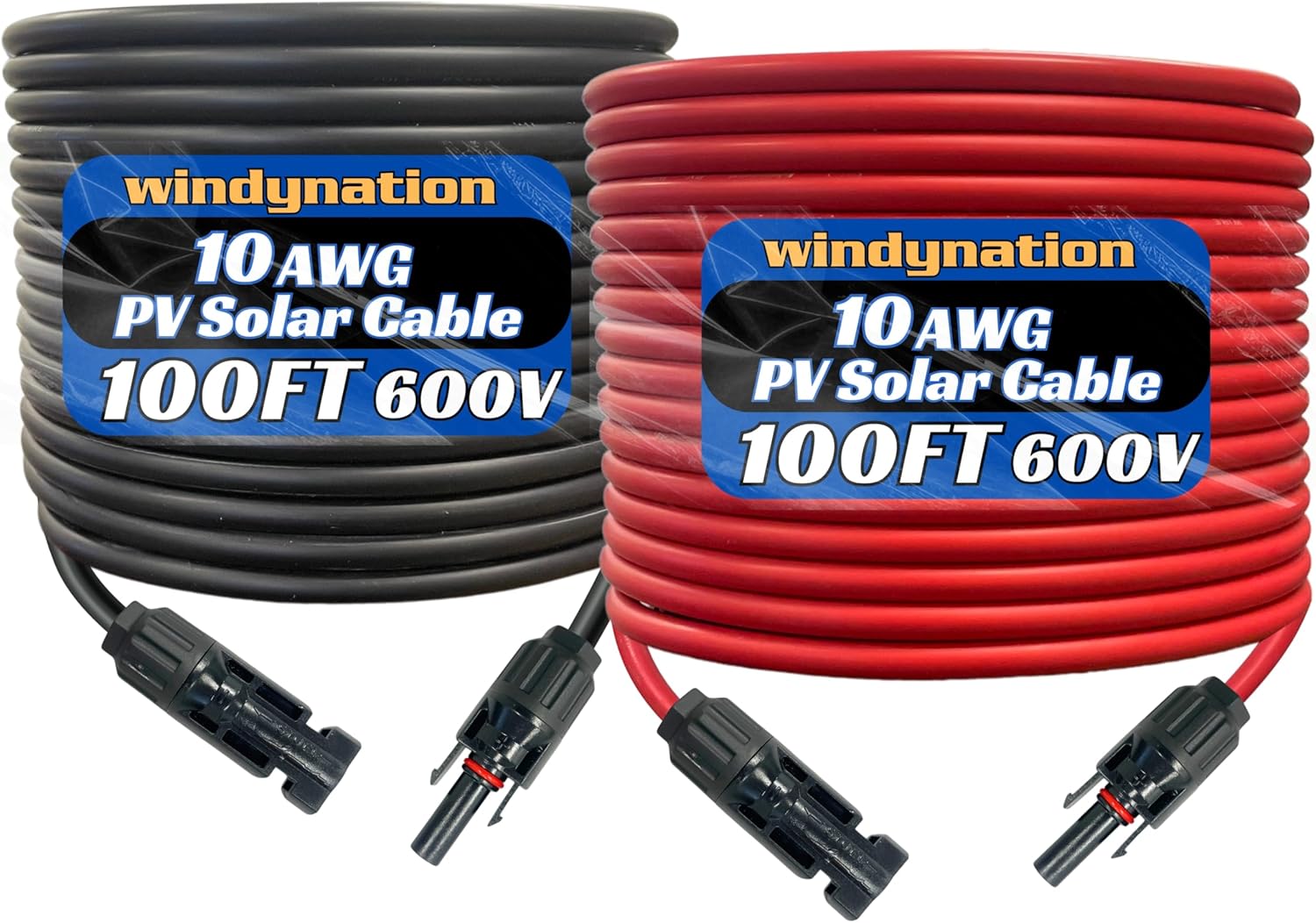 WindyNation 10 Gauge 10 AWG Pair 100 Feet Black +100 Feet Red PV Photovoltaic Solar Panel Extension Cable Wire Solar Connectors