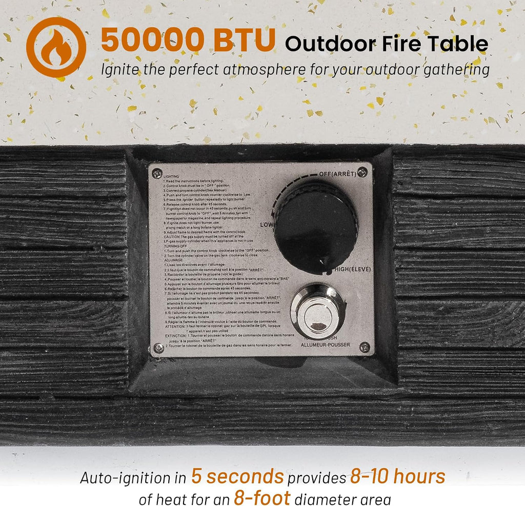 56inch Rectangle Propane Fire Pit Table 50000 BTU-Black & White Concrete Finish,Auto-Ignition,CSA Certified,with 20 Gallon Tank Cover, Glass Wind Guard