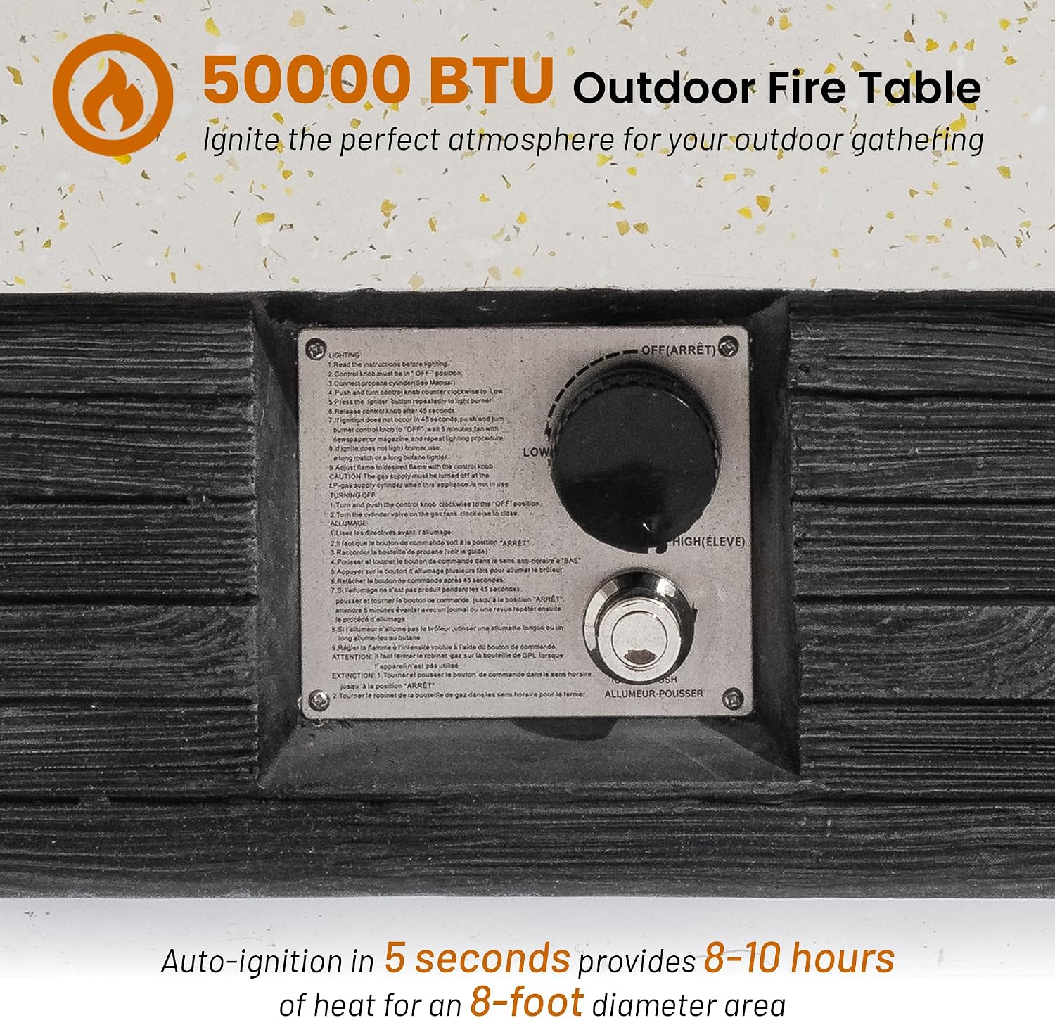 56inch Rectangle Propane Fire Pit Table 50000 BTU-Black & White Concrete Finish,Auto-Ignition,CSA Certified,with 20 Gallon Tank Cover, Glass Wind Guard