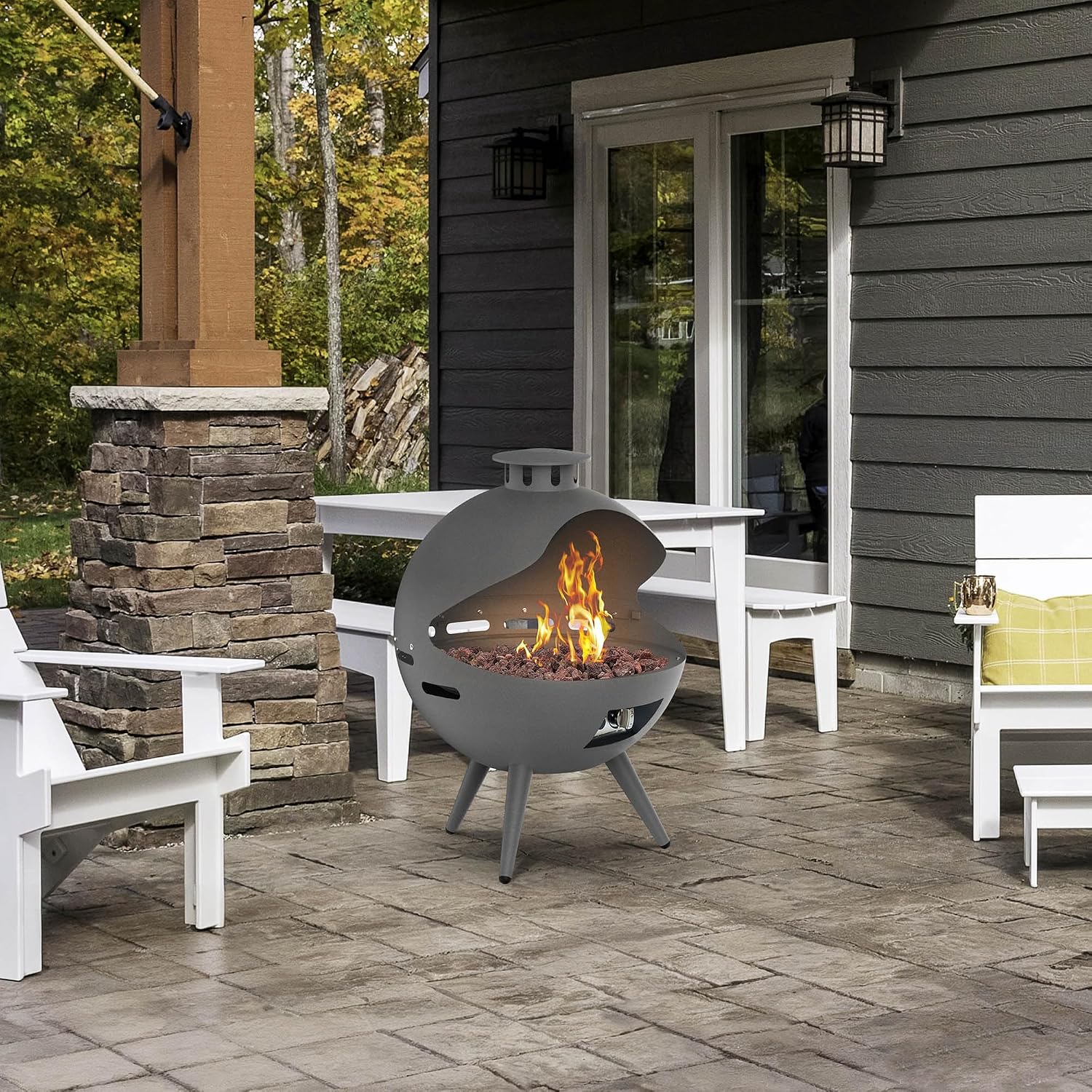 24-Inch Chimenea Outdoor Gas Fireplace, 55,000 BTU Propane Fire Pit with Lava Rocks and Rain Cover, Hemispherical 3-Legged Firepit, Gray
