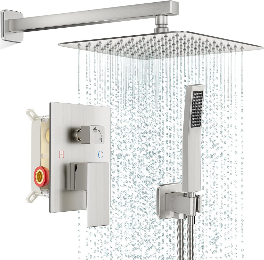 FPXRNG Shower Faucet Set Bathroom Square Rain Shower Head and Handle Set, Wall Mounted Shower Fixtures, Full Metal Trim Repair Kit 12 inch Brushed Nickel (With Shower Valve)