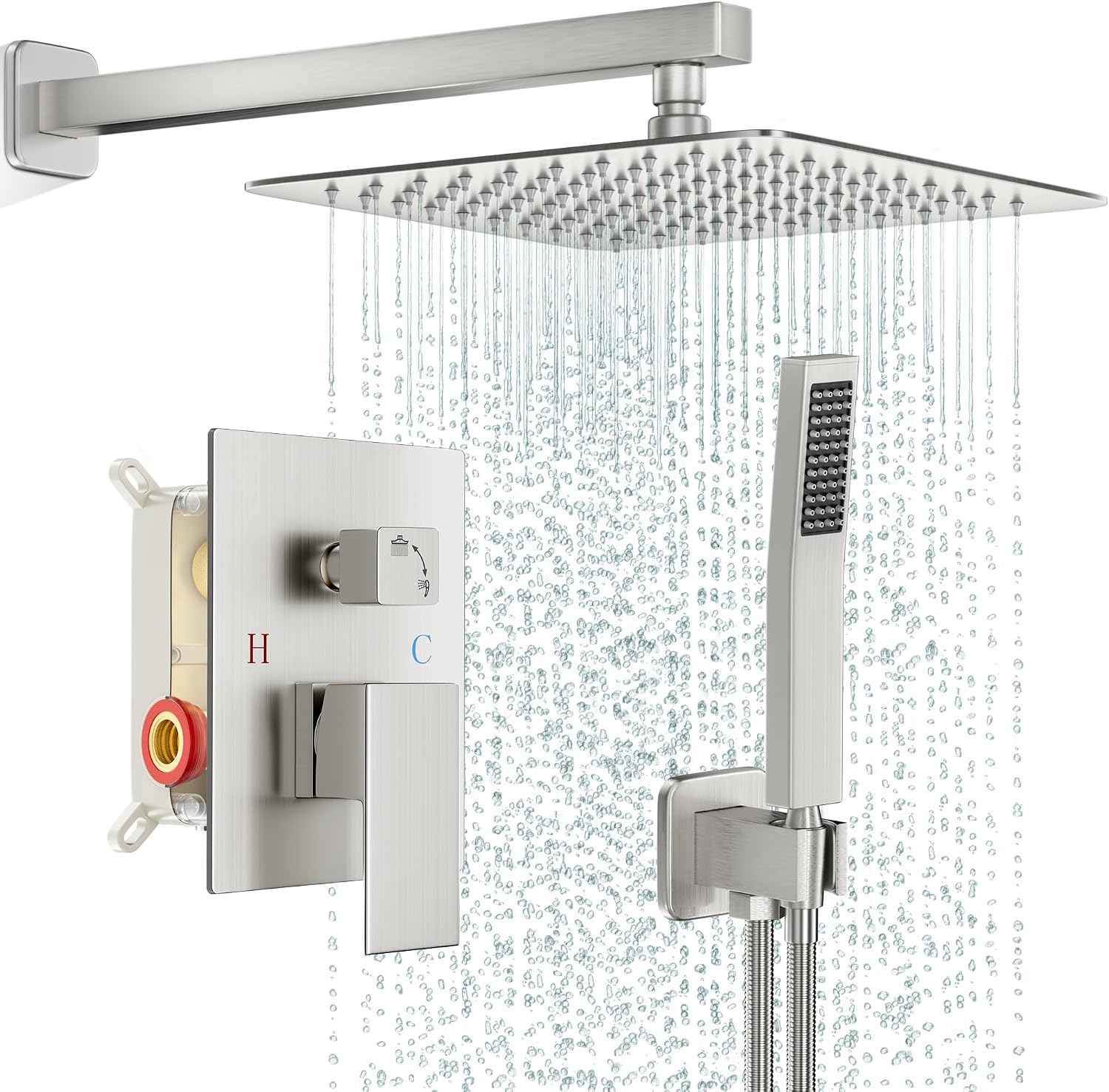 FPXRNG Shower Faucet Set Bathroom Square Rain Shower Head and Handle Set, Wall Mounted Shower Fixtures, Full Metal Trim Repair Kit 12 inch Brushed Nickel (With Shower Valve)