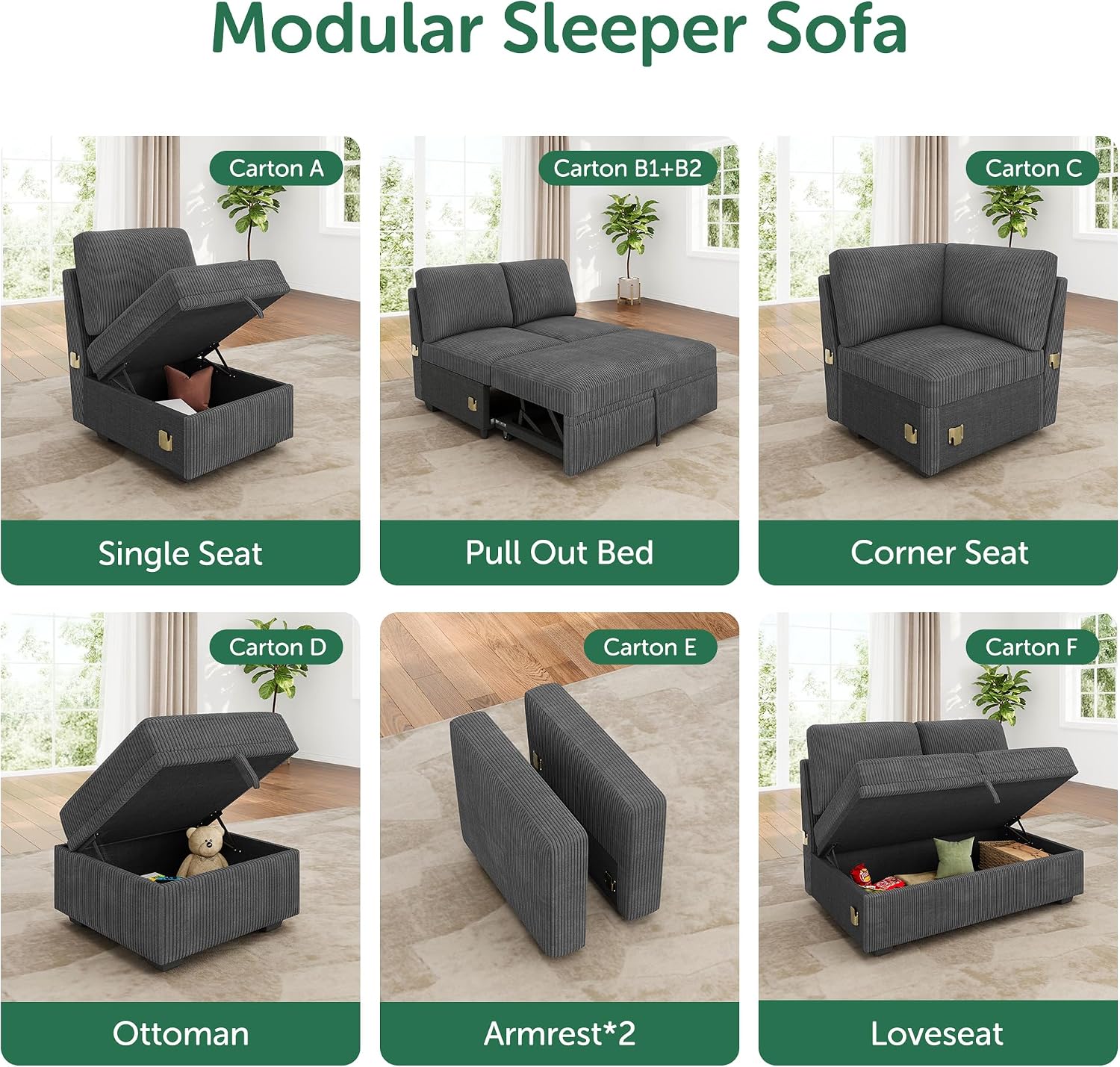 HONBAY Square Ottoman Module for Modular Sectional Sleeper Sofa, Storage Ottoman Footrest and Seat Cube, Velvet Grey