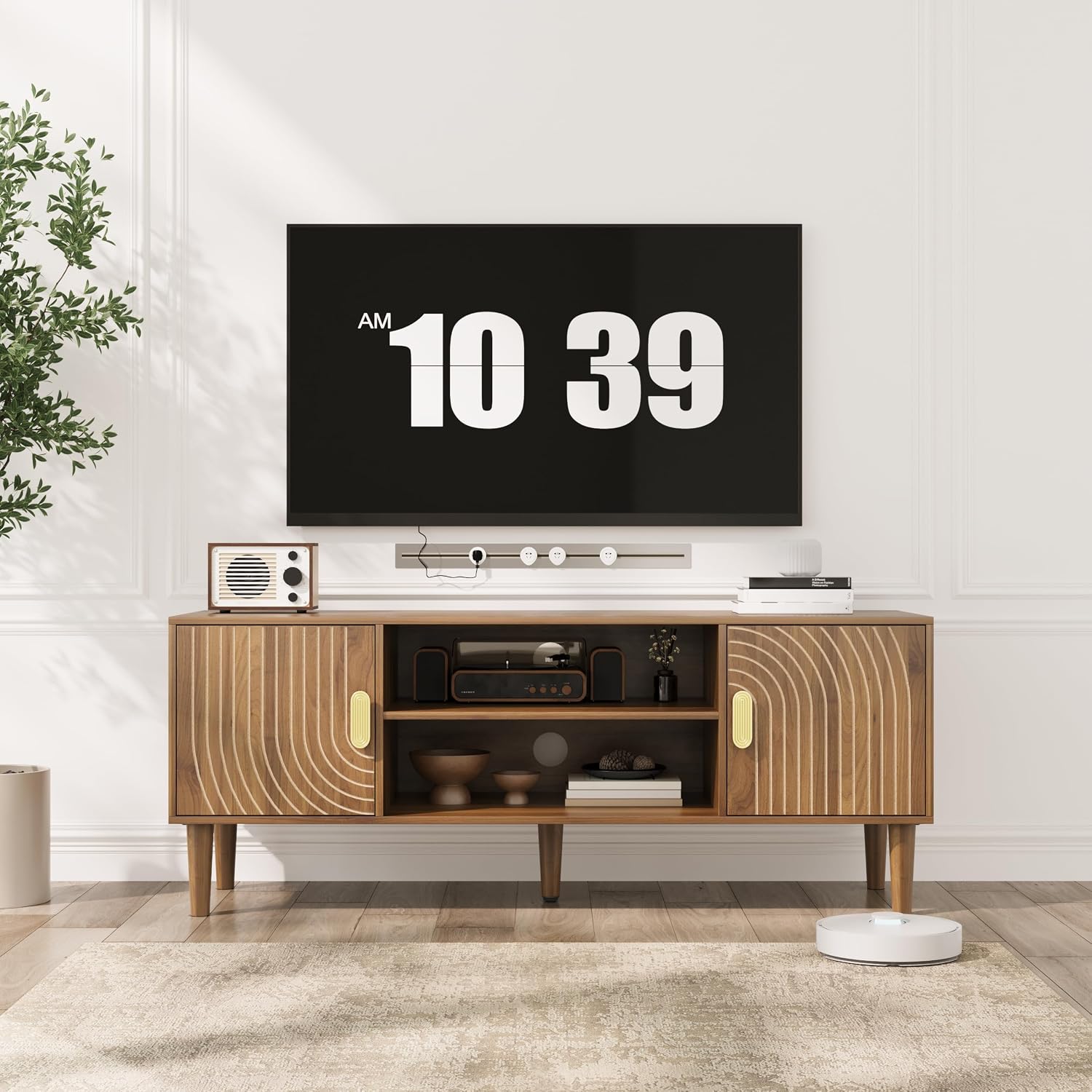 Smuxee Walnut TV Stand with Line Groove Design, 47.2' Mid Century Modern TV Media Console for TVs up to 55', TV Cabinet with Adjustable Shelf & 2 Cabinets for Living Room