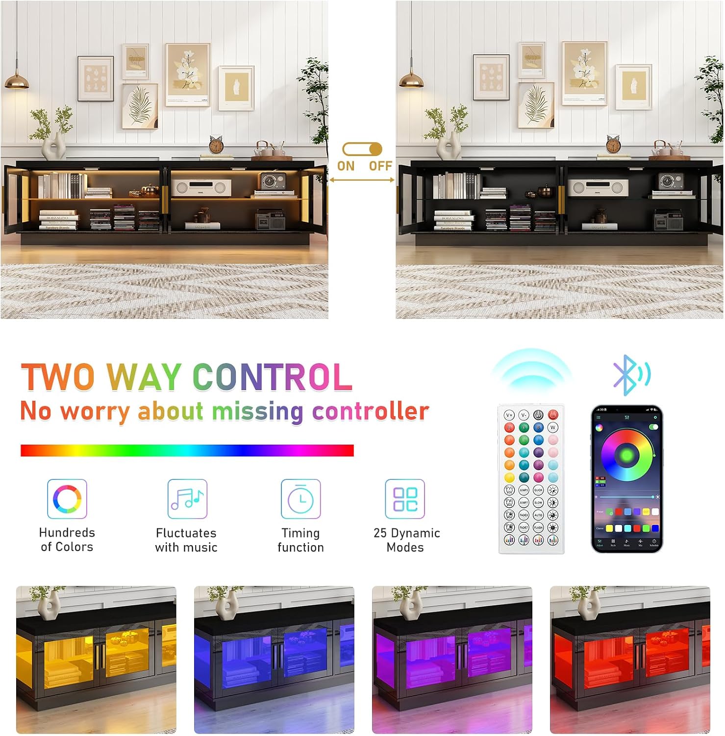 Hlivelood 71IN LED TV Stand for 85/80/75inch TV,High Glossy Modern Black TV Stands for Living Room,Gaming Entertainment Center with Storage Cabinet,RGB LED(Black)