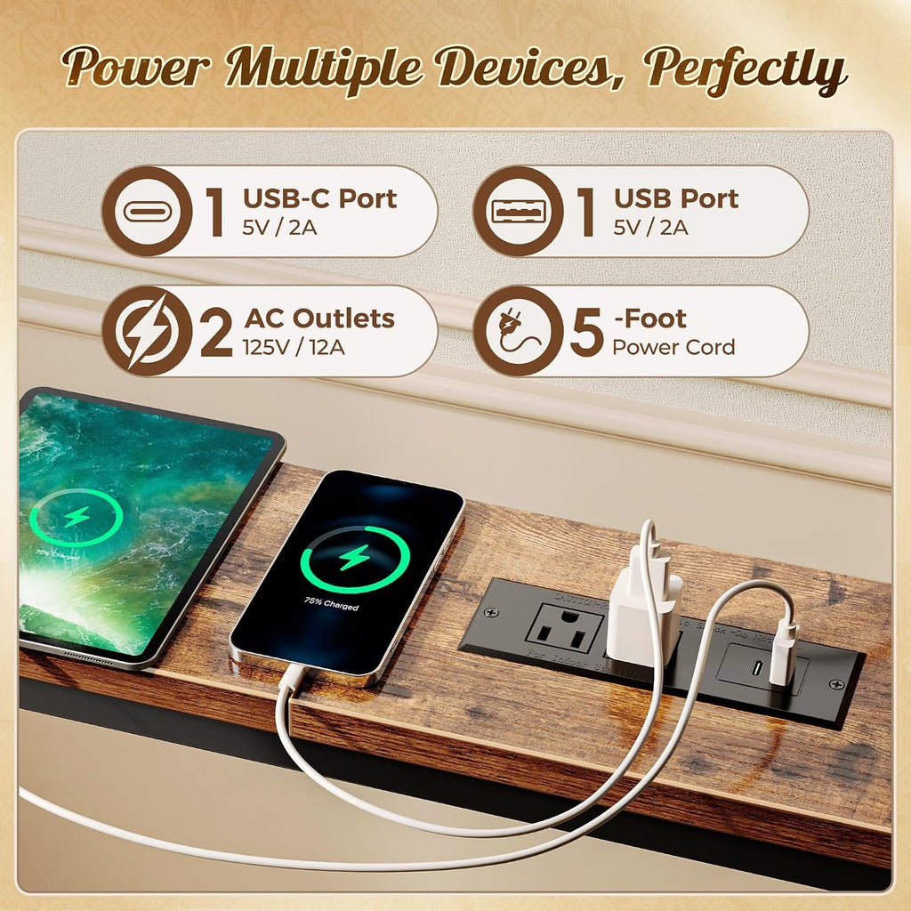Huuger 126 Inch Sofa Table with Power Outlets and USB-C Ports, 5.9 Inch Narrow Entryway Table, Behind Couch Table with Storage, Extra-Long Console Table, Living Room, Rusitc Brown