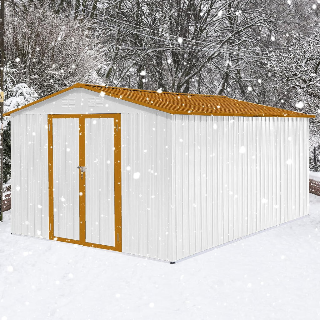 12' x 10' Metal Garden Storage Shed – Heavy-Duty Galvanized Steel with Roof, Hinged Door & Padlock | All-Weather Outdoor Shed with Punched Vents (Easy Assembly, Detailed Instructions) (White)