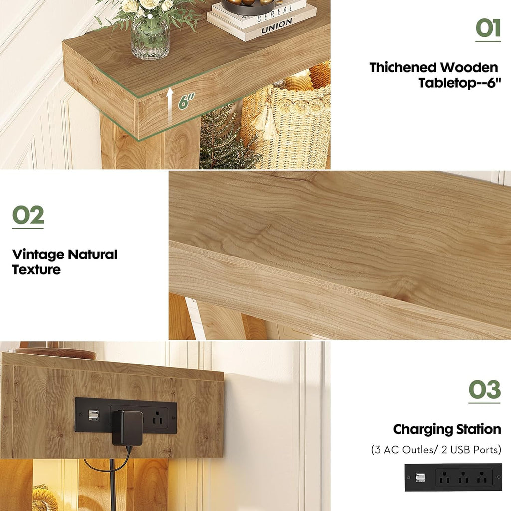 Unikito 47' Entryway Table with Socket and Sensor Light, Narrow Console Table with Storage Behind Couch, Farmhouse Entry Way Tables with Open Storage for Entrance/Hallway/Living Room, Natural Oak