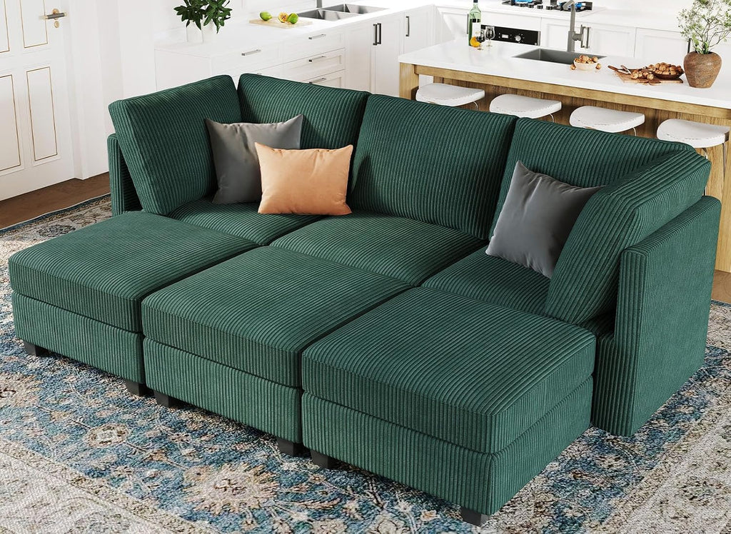 Belffin Modular Sectional Sleeper Sofa with Storage Seat 6 Seat Sectional Sleeper Sofa Bed Corduroy Sectional Couch with Reversible Chaise Green Modular Couch for Living Room