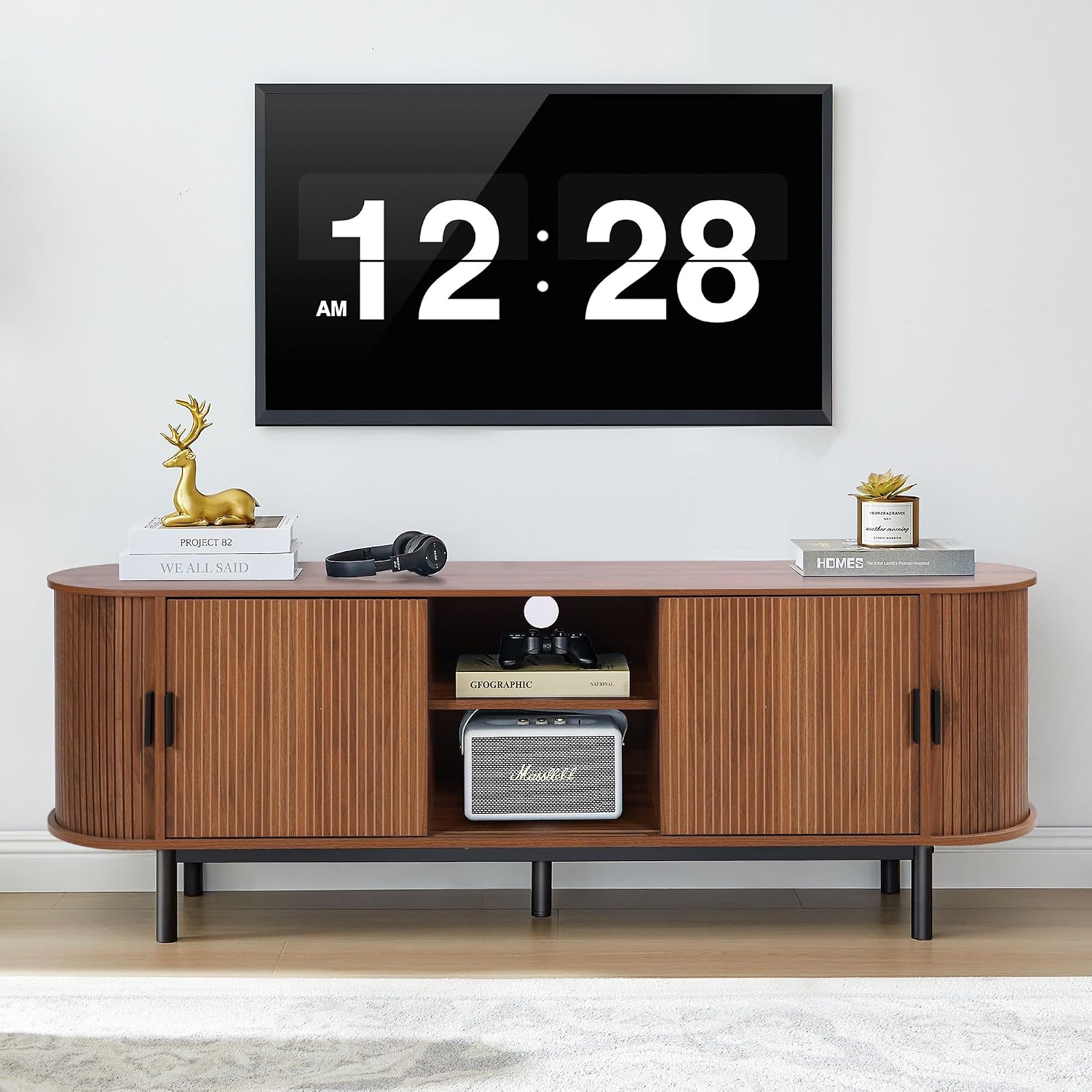 Janmer Home 63' Fluted TV Stand for 65/70 Inch, Mid Century Modern Console With Sliding Doors, Curved Gaming Entertainment Center, Media Console for Living Room, Bedroom (Walnut, 63inch-4doors)