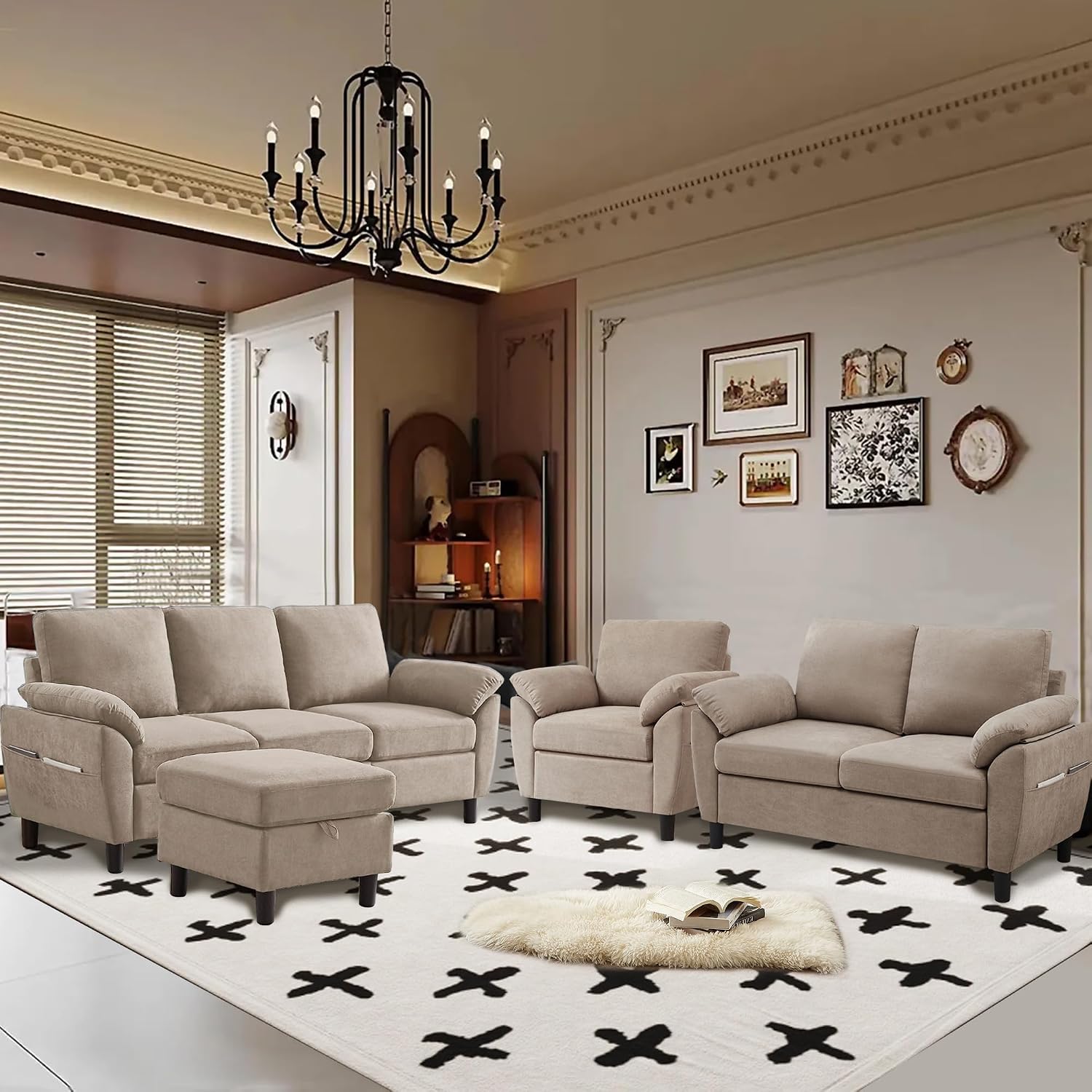3 Pieces Sectional Sofa Set, 79' Modern L Shaped Couch & 57' Loveseat & 35' Accent Chair, Linen Upholstered Sofa Set with Movable Ottoman, Couches for Living Room, Apartment, Beige