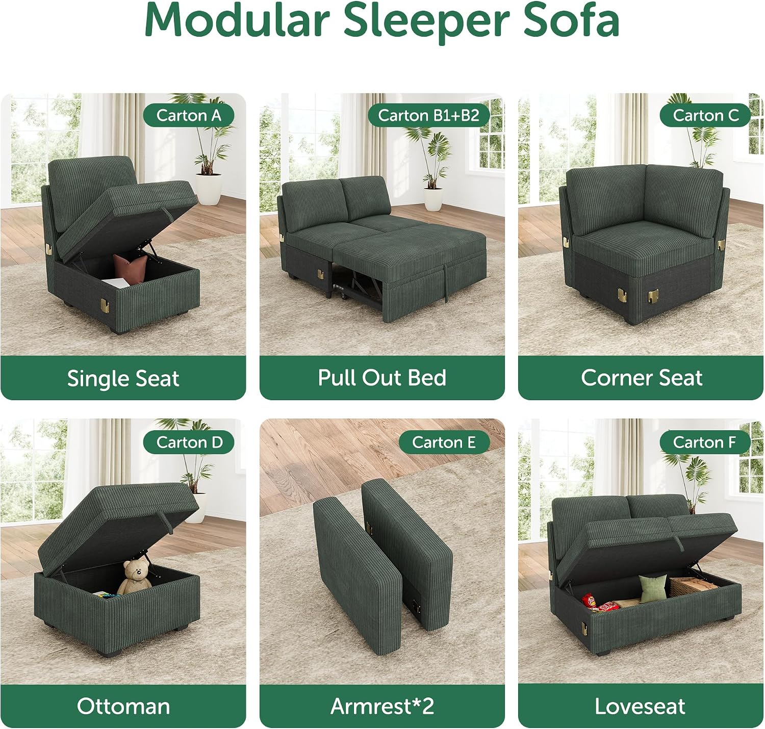 HONBAY Square Ottoman Module for Modular Sectional Sleeper Sofa, Storage Ottoman Footrest and Seat Cube, Velvet Green