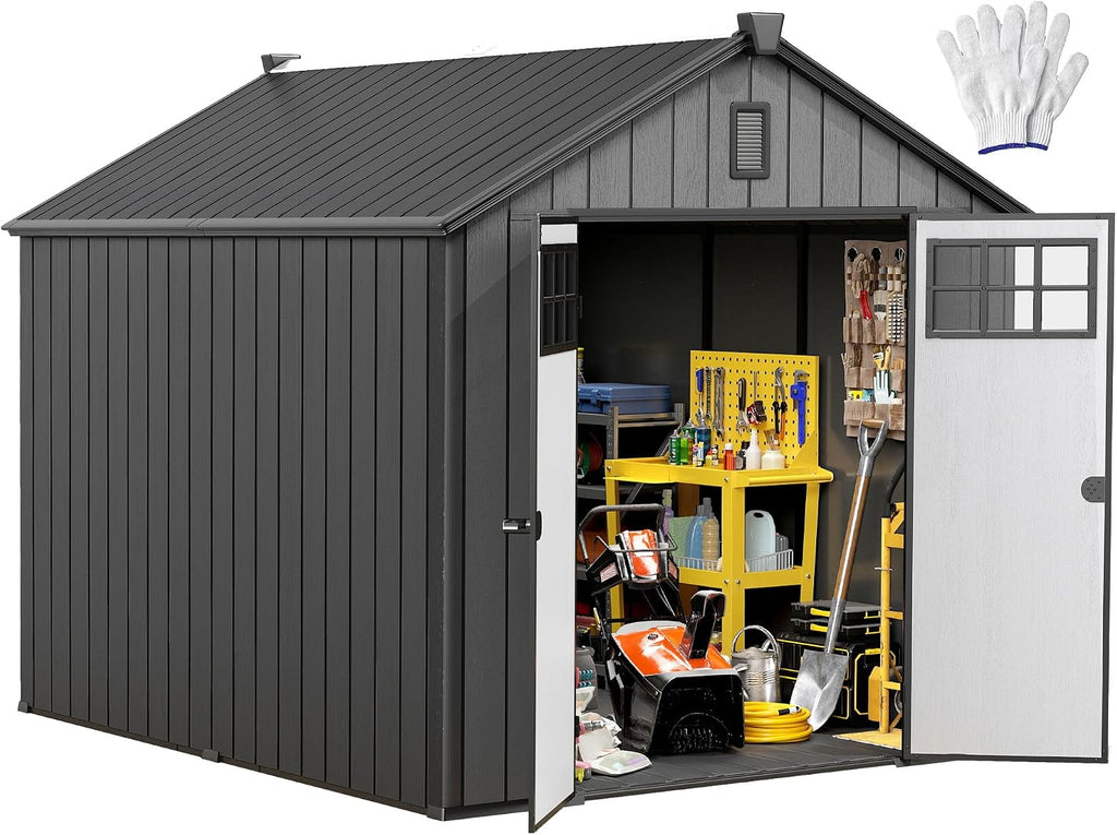 DWVO 8x10 FT Outdoor Storage Shed with Vision Grid Door Panel, 544 cuft Plastic Storage Shed with Floor, 16mm Heavy Duty All-Weather Garden Tool Sheds with Window & Vent for Pool Supplies, Black