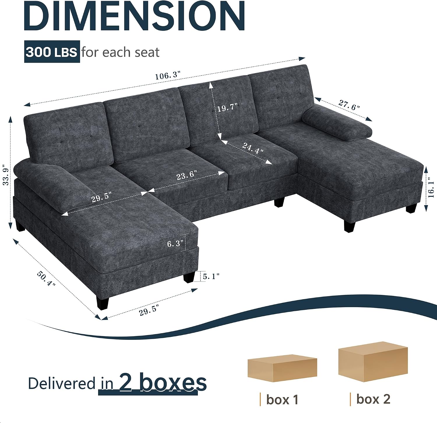 Sectional Couches for Living Room, U Shaped Couch 4 Seat Sectional Sofa with Chaise and Armrests, Comfortable Fabric Large Sofa for Apartment (Grey)