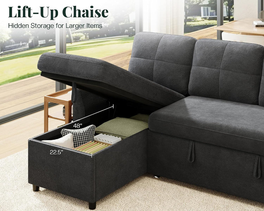 Jocisland L Shaped Sofa Bed, Sleeper Sofa with Storage Chaise, Convertible Couch Bed with Pull Out Couch for Living Room, Linen Gray