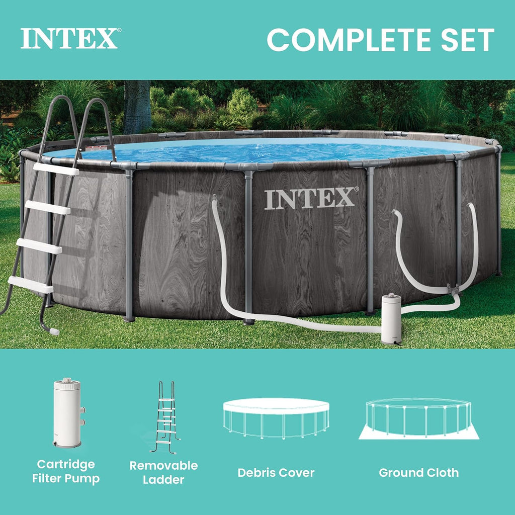 INTEX 26741EP Prism Frame Above Ground Swimming Pool Set: 15ft x 48in – Includes 1000 GPH Cartridge Filter Pump – Removable Ladder – Pool Cover – Ground Cloth