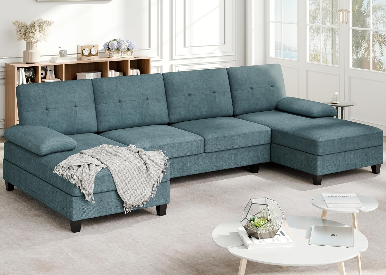 Sectional Couches for Living Room, 106 in U Shaped Couch Soft Sectional Sofa with Double Chaise, Comfortable 4 Seat Sofa Couch (Blue) | Breathable Fabric