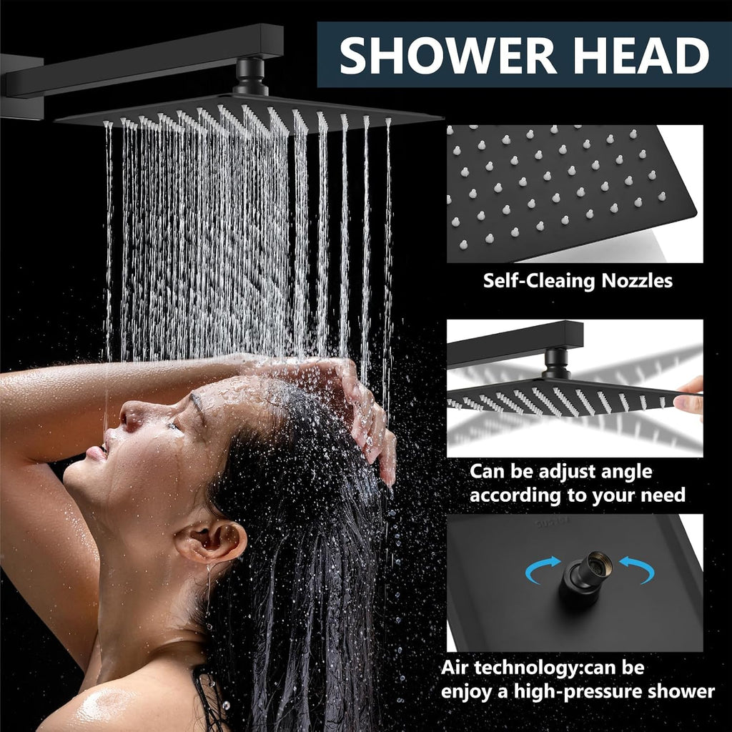 Aolemi Shower Faucet Set Rain Shower System with Handheld Spray Bathroom Shower Combo Rough-in Valve and Shower Trim Kit Included Matte Black 12 Inch Wall Mount Shower Head