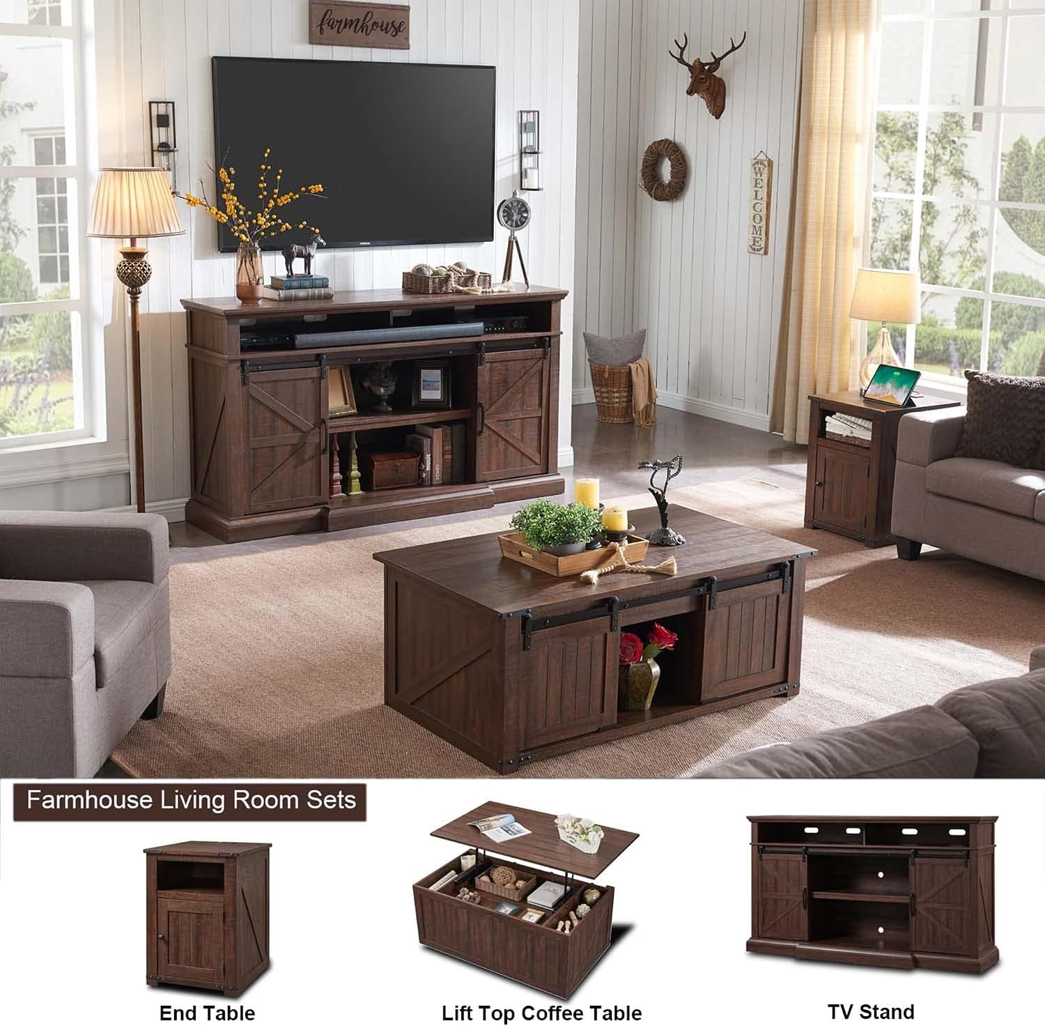 Farmhouse TV Stand for 80 Inch TVs, 37.4'Tall Entertainment Center w/Storage Cabinets and Sliding Barn Door, Media Console Cabinet w/Soundbar & Adjustable Shelves for Living Room, 70 inch (Brown)
