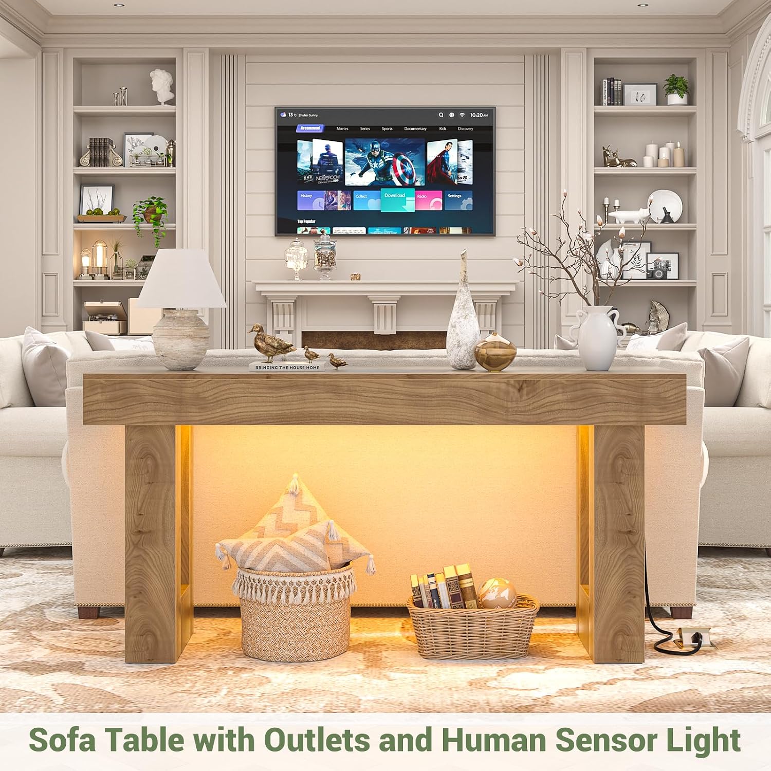 Unikito 63'' Farmhouse Console Table with Power Outlets and Sensor Light, Wooden Entryway Table with Storage, Rectangular Sofa Tables Behind The Couch for Entrance, Hallway, Living Room, Natural Oak