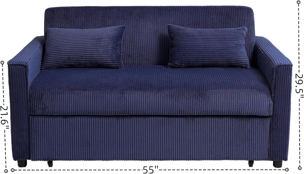 Ball & Cast 55' 3 in 1 Loveseat Futon Sofa-Bed,Convertible Pull Out Couch,Corduroy Upholstered Sleeper Sofa Bed with Adjustable Backrest,Side Pocket and 2 Pillows,Chaise Lounge for Living Room,Blue