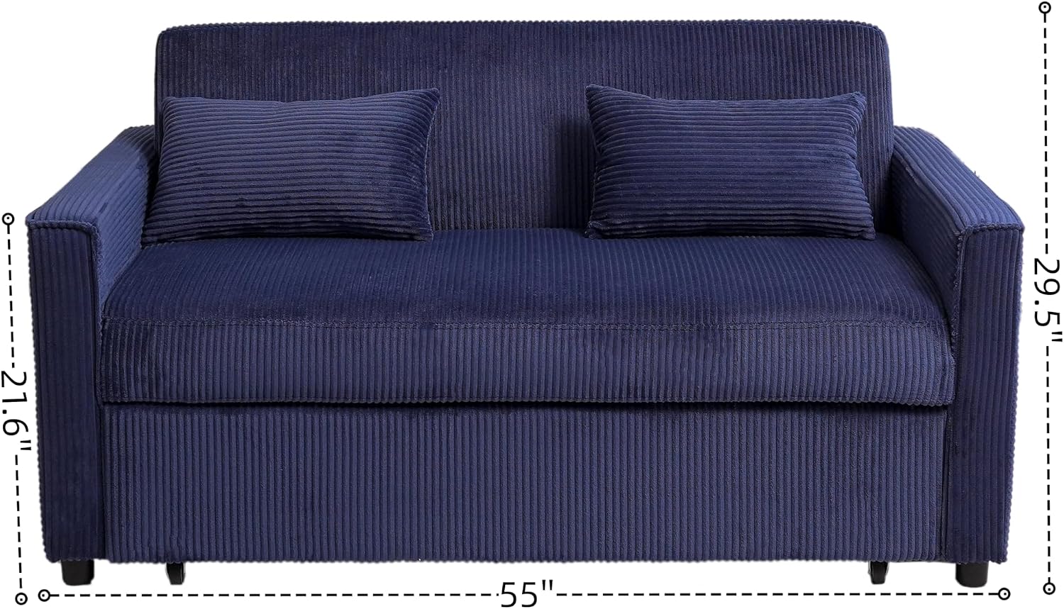 Ball & Cast 55' 3 in 1 Loveseat Futon Sofa-Bed,Convertible Pull Out Couch,Corduroy Upholstered Sleeper Sofa Bed with Adjustable Backrest,Side Pocket and 2 Pillows,Chaise Lounge for Living Room,Blue