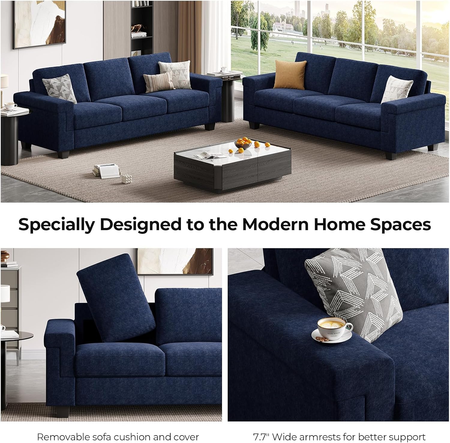 COPIAE 3 Seater Sofa Couch with Deep Seat, 90' Modern Upholstered Sofa with Armrests, Easy Installation, Comfy Couches for Living Room, Apartment, Blue