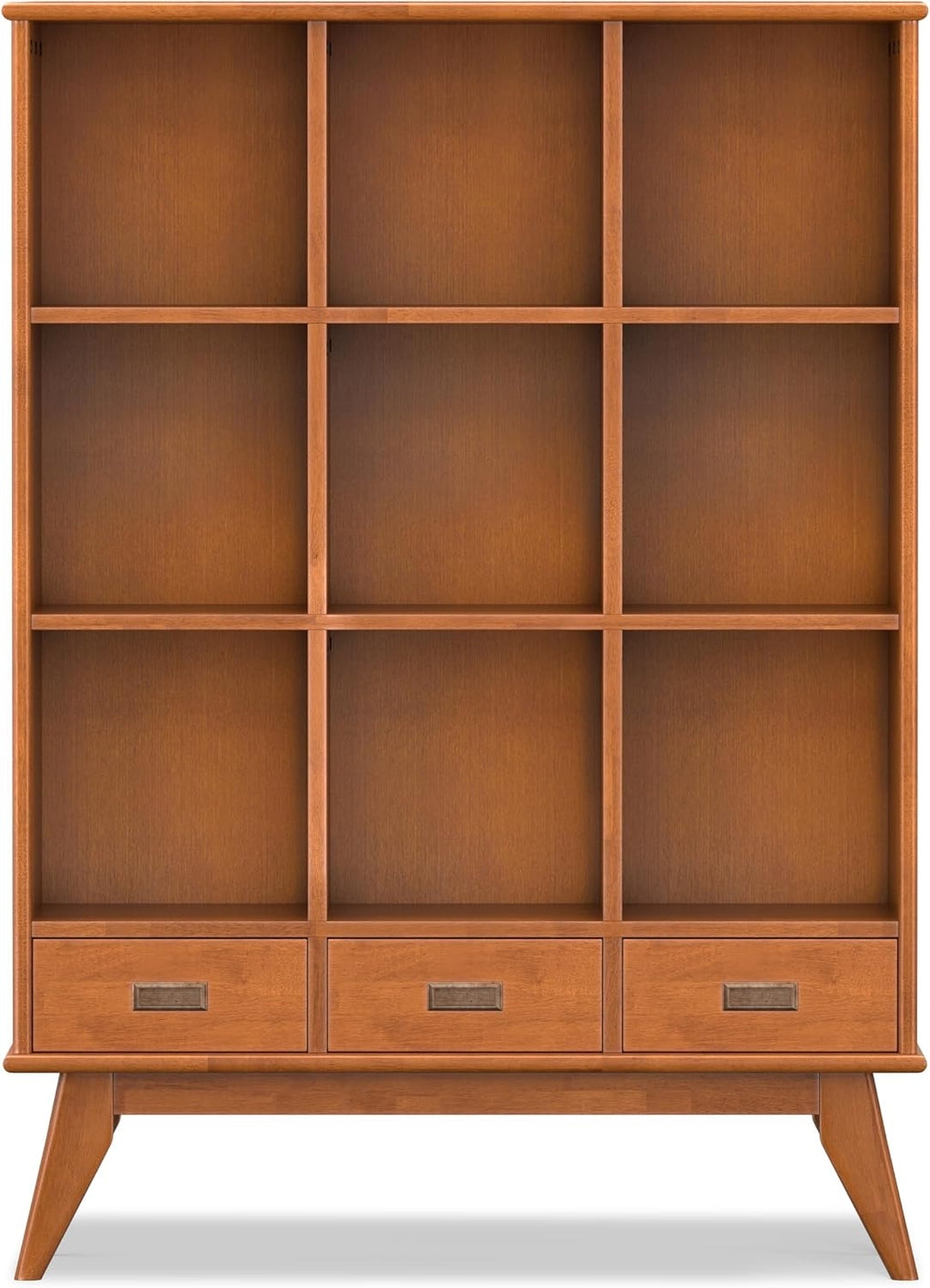SIMPLIHOME Draper Bookcase - 58 inch Tall 9-Cube Solid Hardwood Cube Organizer with Drawers in Teak Brown, Mid-Century Storage for Living Room, Entryway or Bedroom with Cubbies and Angled Legs