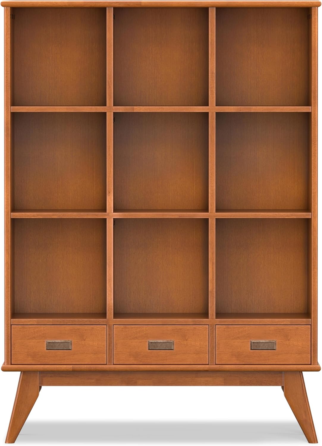 SIMPLIHOME Draper Bookcase - 58 inch Tall 9-Cube Solid Hardwood Cube Organizer with Drawers in Teak Brown, Mid-Century Storage for Living Room, Entryway or Bedroom with Cubbies and Angled Legs
