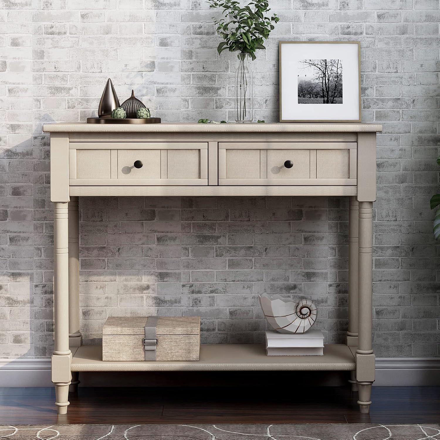 Merax Wood Sofa Table Console Table,Entryway Table Traditional Design with Two Drawers and Bottom Shelf for Living Room,Hallway,Dining Room,Retro Grey