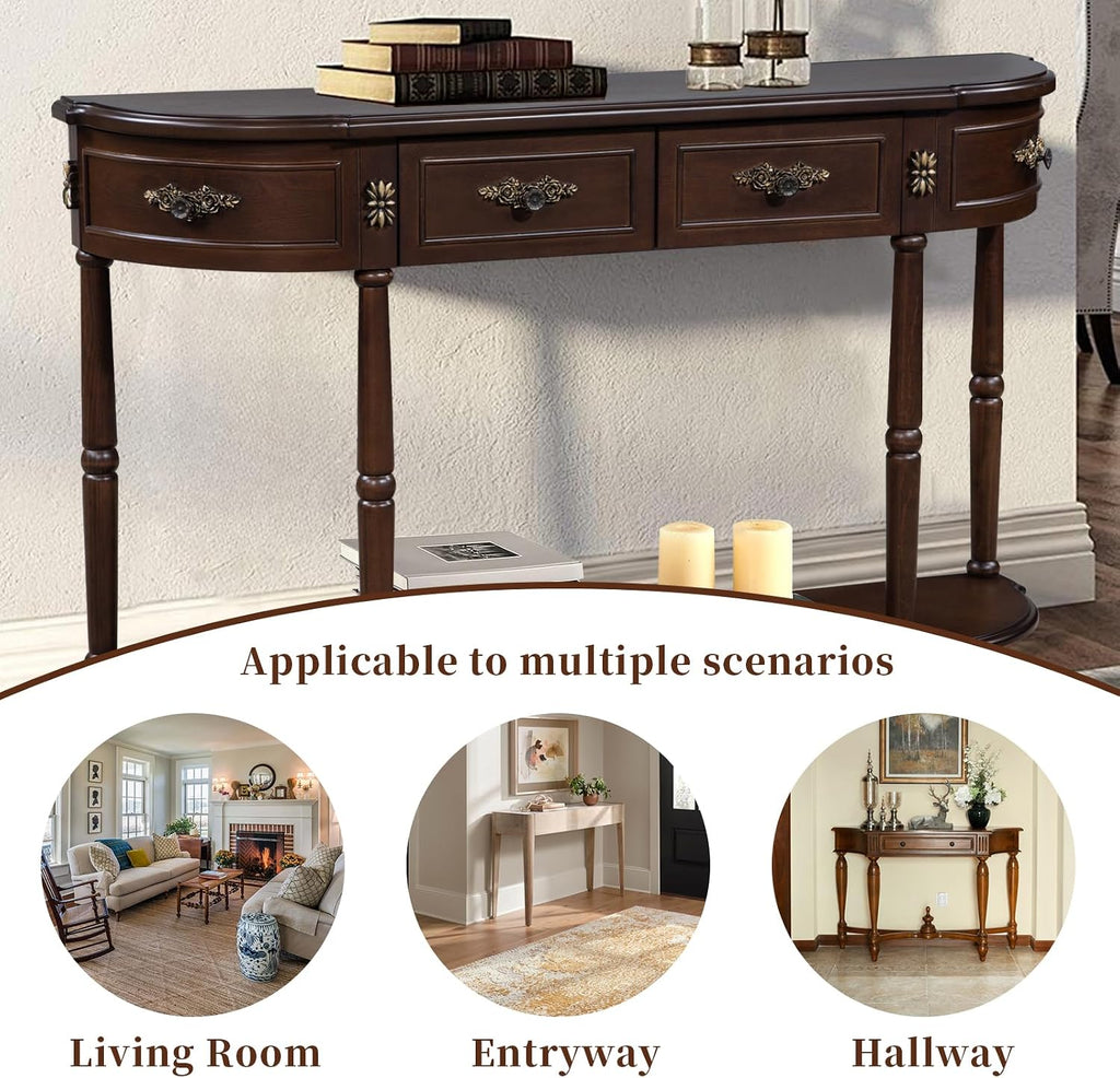Retro Curved Console Table, 52' Half Moon Console Table Sofa Table Entryway Table with 2 Drawers 1 Open Shelf Solid Pine Legs for Living Room,Entryway,Hallway,Espresso