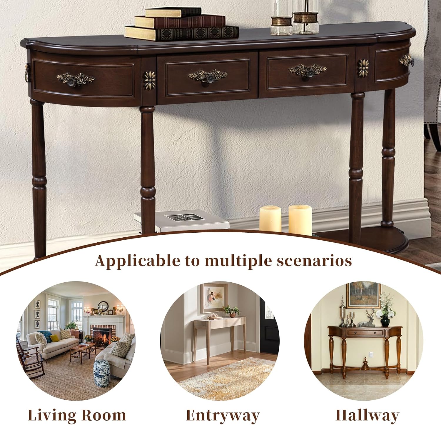Retro Curved Console Table, 52' Half Moon Console Table Sofa Table Entryway Table with 2 Drawers 1 Open Shelf Solid Pine Legs for Living Room,Entryway,Hallway,Espresso