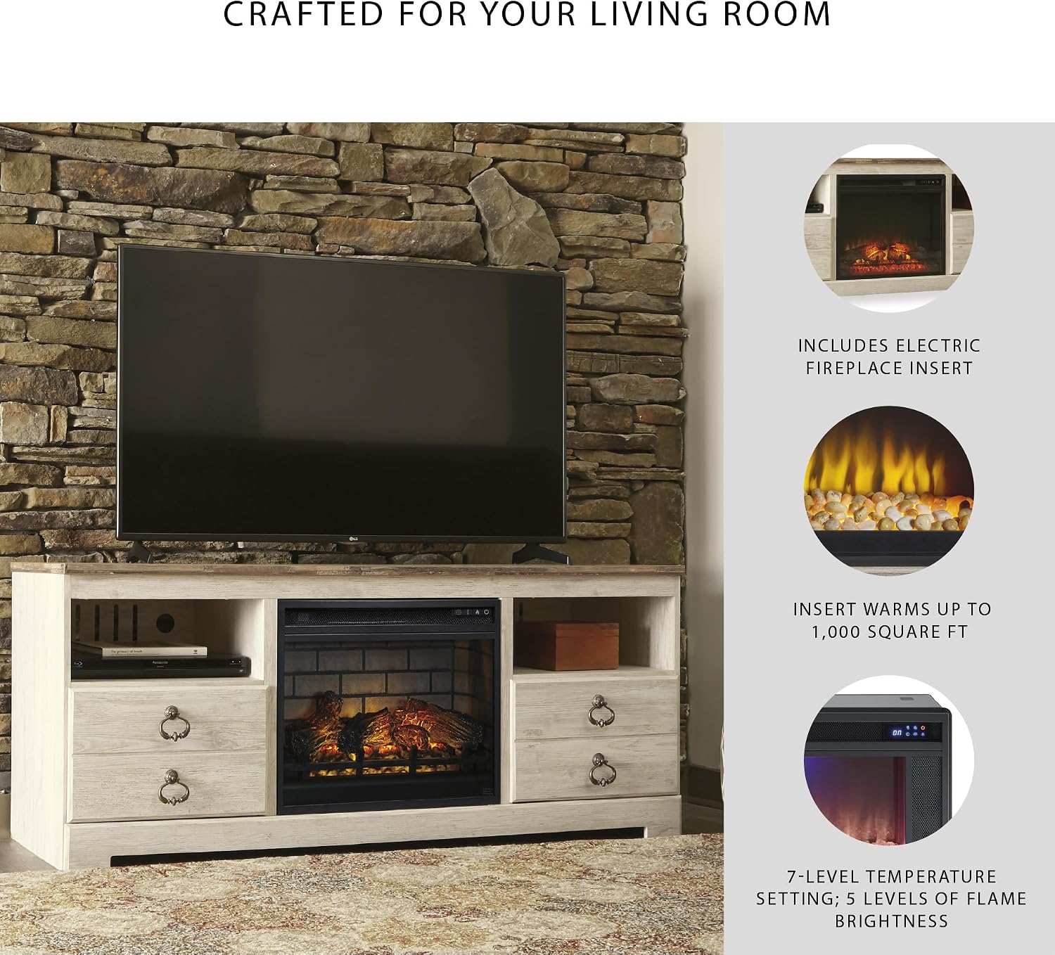 Signature Design by Ashley Entertainment Accessories Vintage 64' TV Stand with Electric Fireplace and LED Lights for TVs up to 72', Whitewash