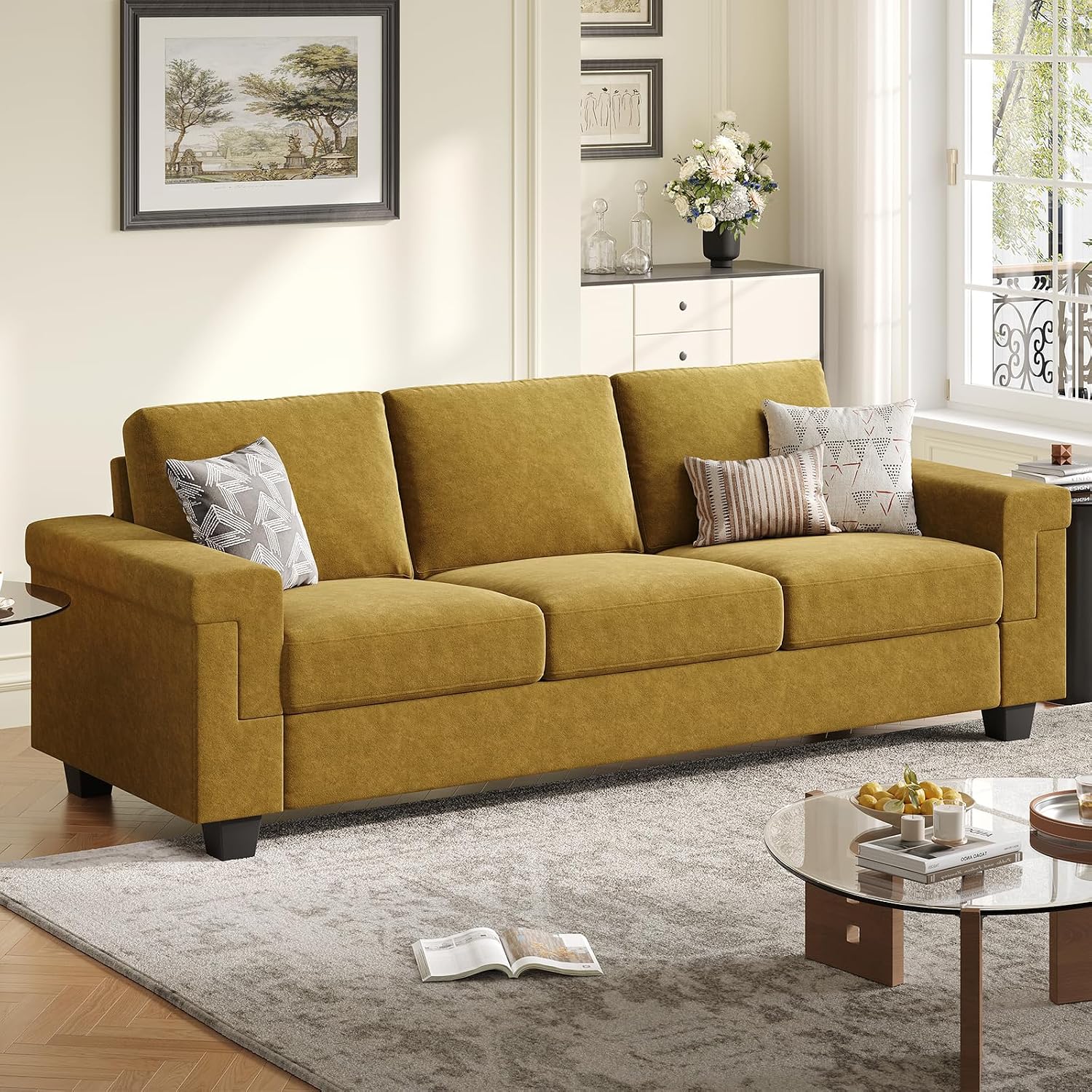 COPIAE 3 Seater Sofa Couch with Deep Seat, 90' Modern Upholstered Sofa with Armrests, Easy Installation, Comfy Couches for Living Room, Apartment, Yellow