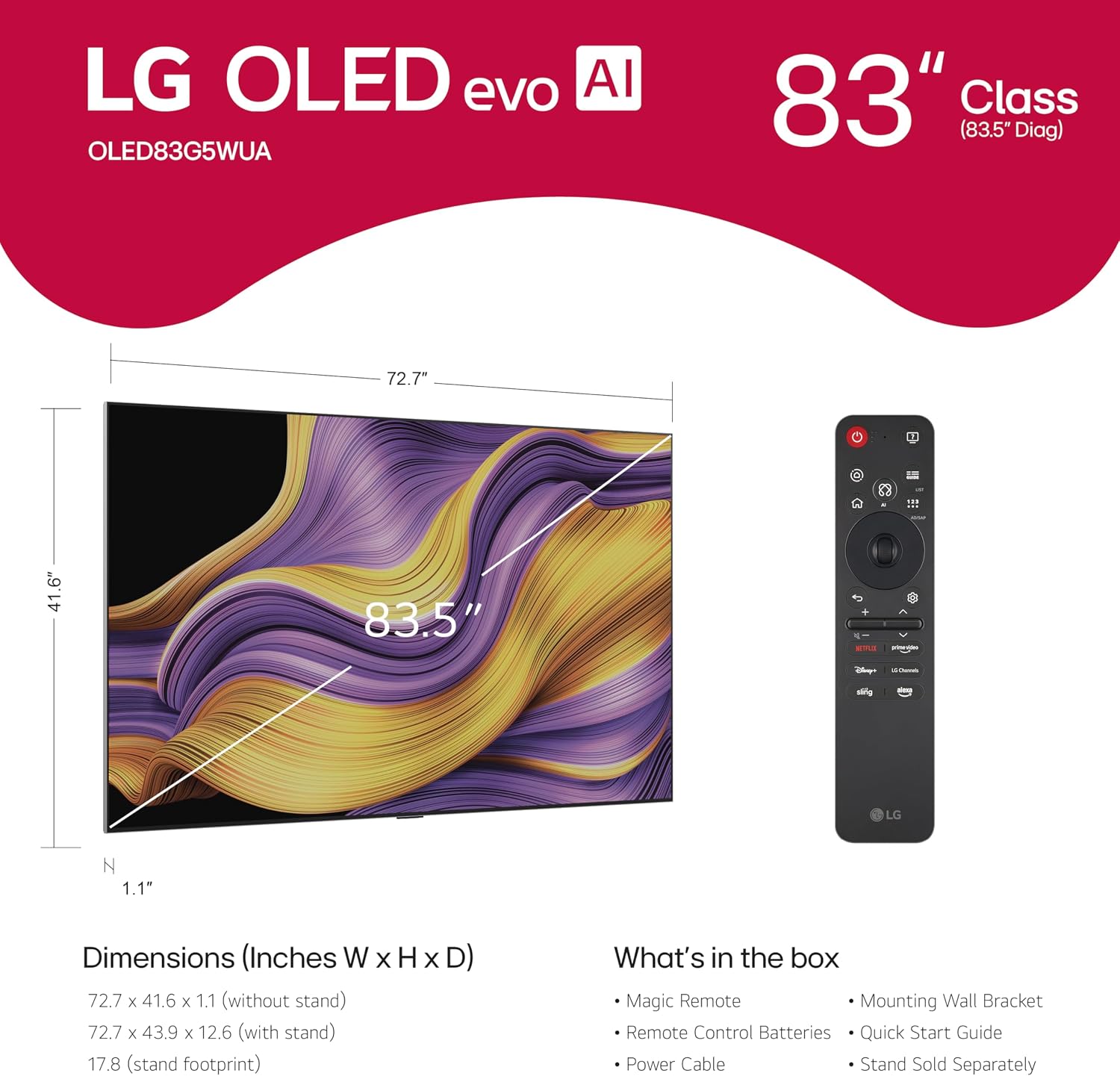 LG 83-Inch Class OLED evo AI 4K G5 Series Smart TV w/Dolby Atmos, Dolby Vision, HDR10, AI Super Upscaling 4K, Filmmaker Mode, Wow Orchestra, Alexa Built-in (OLED83G5WUA, 2025) (Renewed)