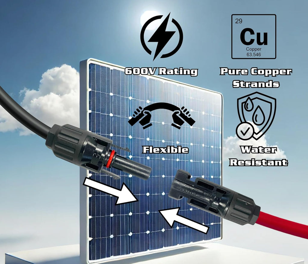 WindyNation 10 Gauge 10 AWG Pair 100 Feet Black +100 Feet Red PV Photovoltaic Solar Panel Extension Cable Wire Solar Connectors