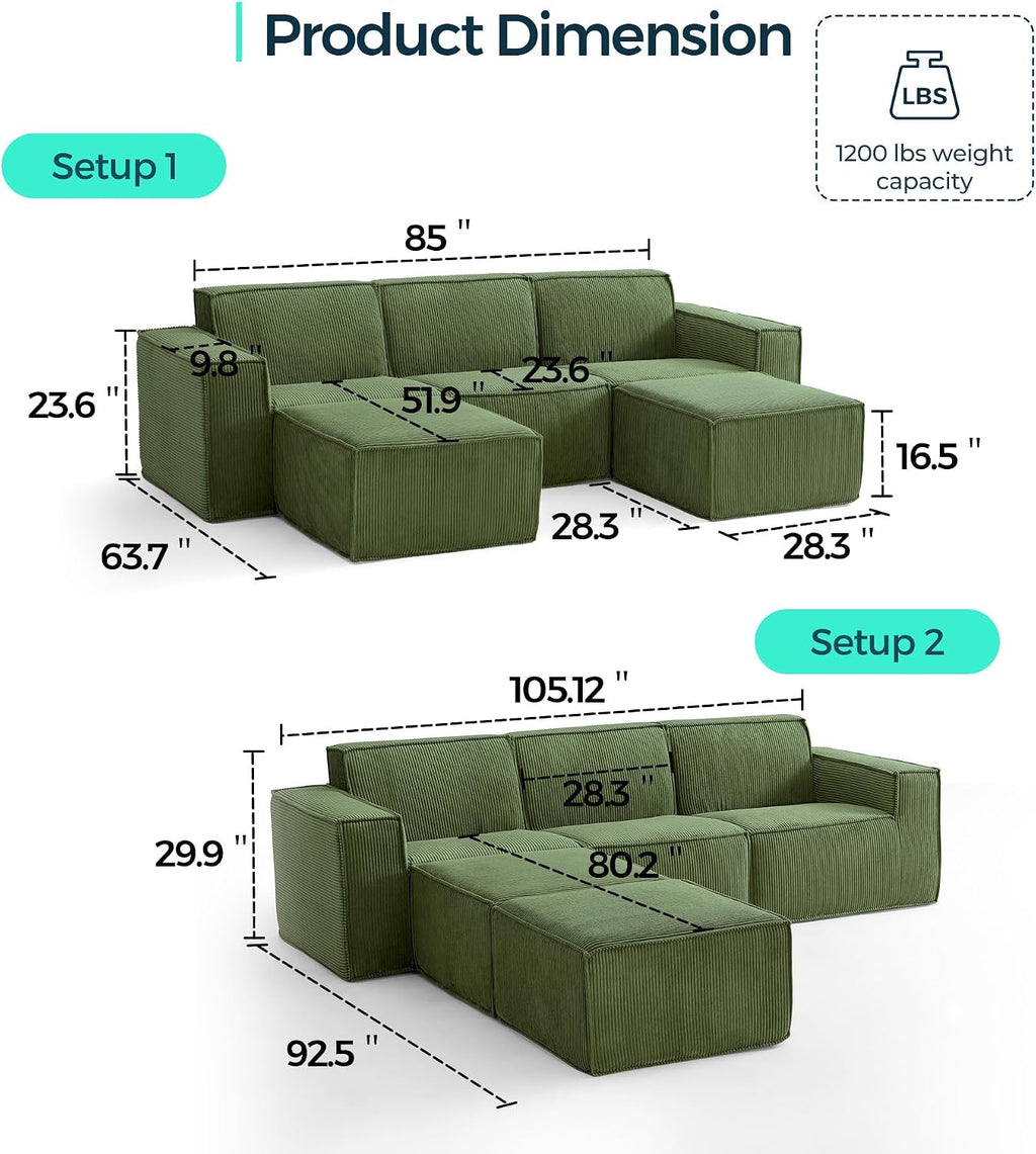 LINSY HOME Modular Sectional Sofa, 105' Boneless Couch U Shaped 3-Seat Sofa with 2 Ottomans, Corduroy Sectional Cloud Couches for Living Room, No Assembly Required, Green
