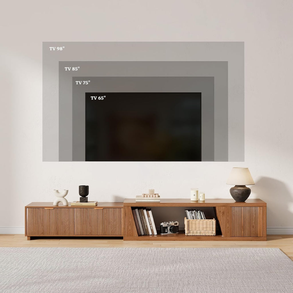 Epecoya 98 Inch Extendable TV Stands for Living Room, Wooden Extra Long TV Stand with Adjustable Shelf and Drawers, Fluted TV Console with Storage Cabinet, Warm Brown Oak (64.57' W-98.43' W)