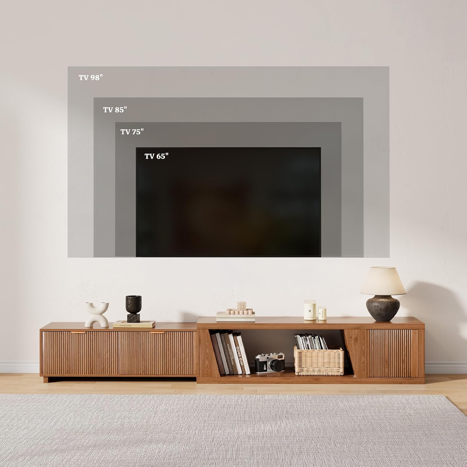Epecoya 98 Inch Extendable TV Stands for Living Room, Wooden Extra Long TV Stand with Adjustable Shelf and Drawers, Fluted TV Console with Storage Cabinet, Warm Brown Oak (64.57' W-98.43' W)