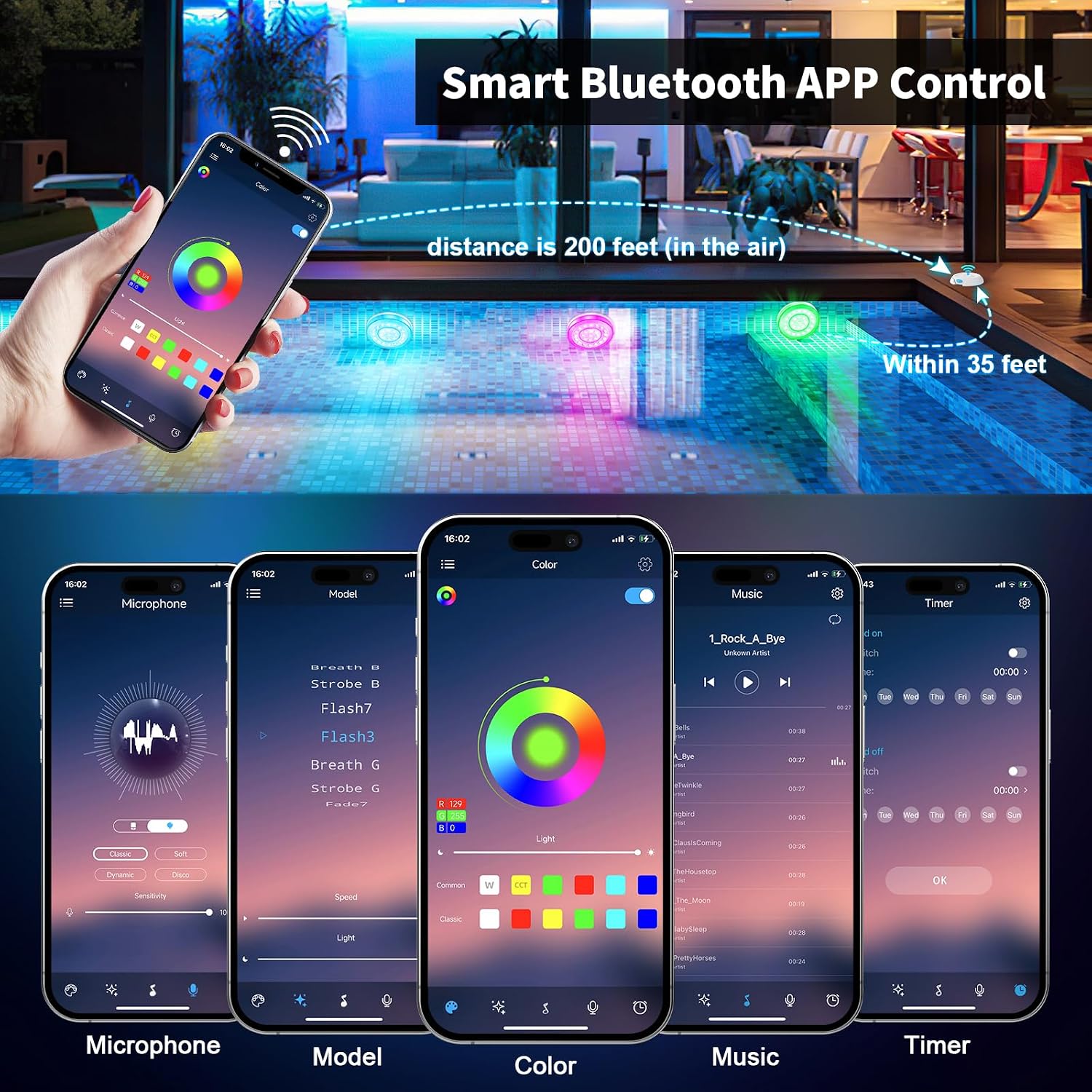 Homly Rechargeable Submersible Pool Lights with Wireless APP Control, Waterproof Underwater Smart LED Lights Controlled Multiple Lighting Modes, 4000mAh Magnets Light for Multi Scene Pool Decoration